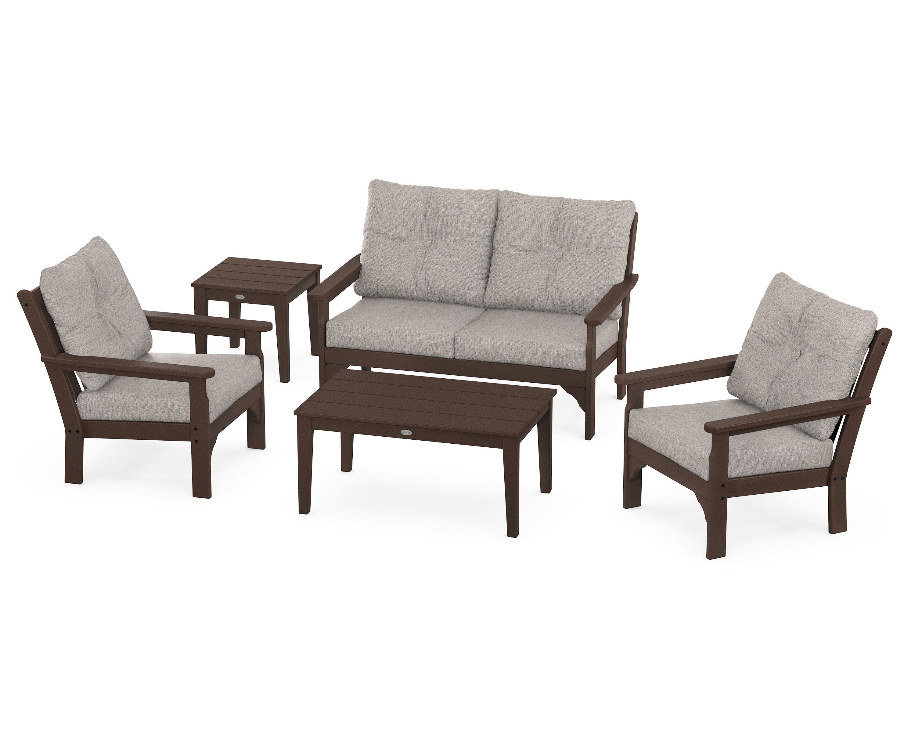POLYWOOD® Vineyard 5-Piece Deep Seating Set in Mahogany / Weathered Tweed