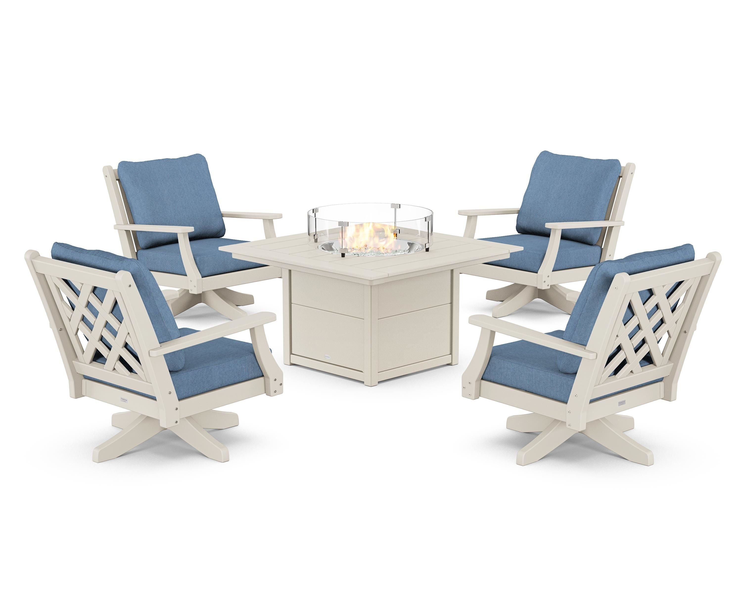 Country Living Wovendale 5-Piece Deep Seating Swivel Conversation Set with Fire Pit Table in Sand / Sky Blue