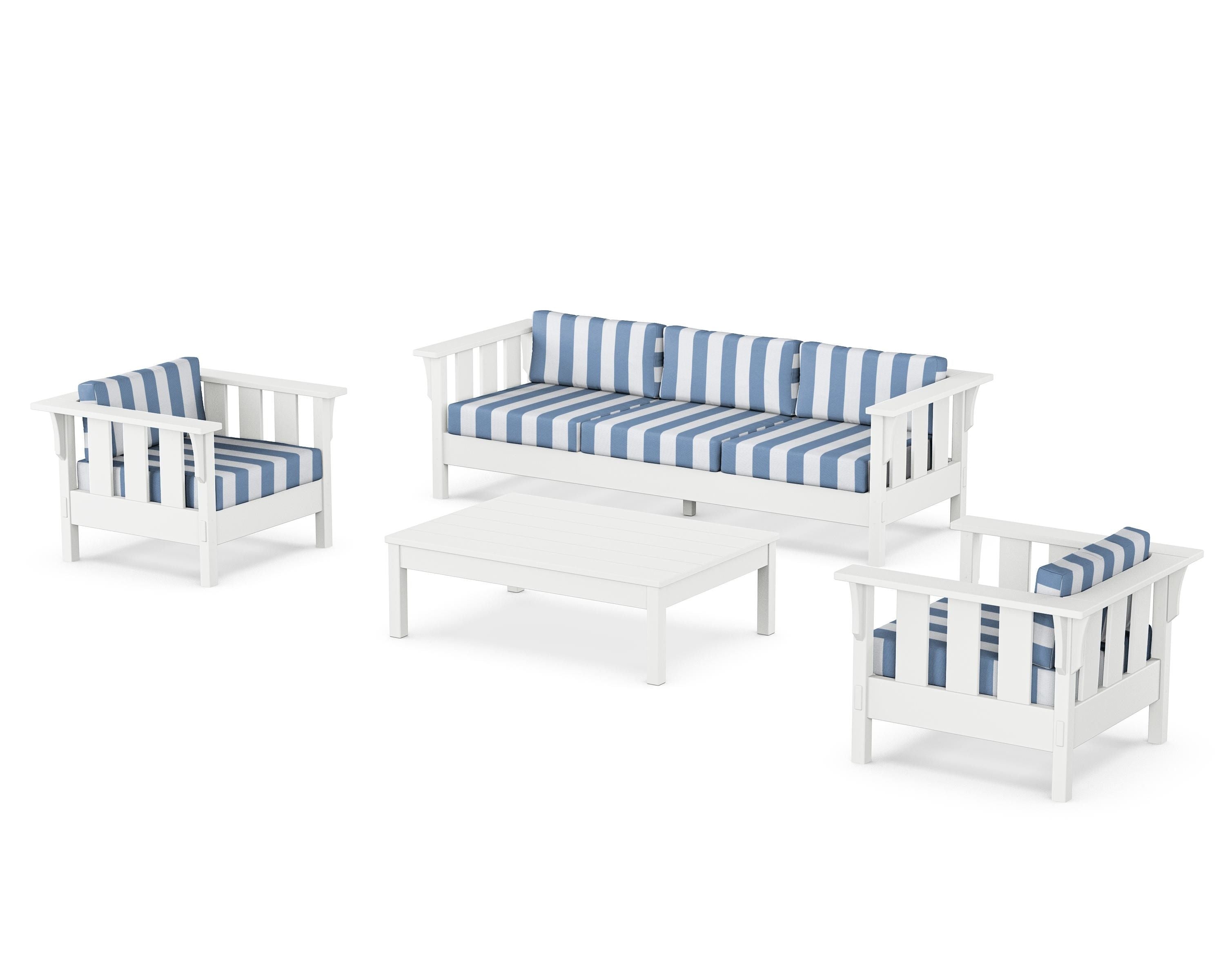 Martha Stewart by POLYWOOD® Acadia 4-Piece Deep Seating Set with Sofa in White / Cabana Stripe Sky Blue