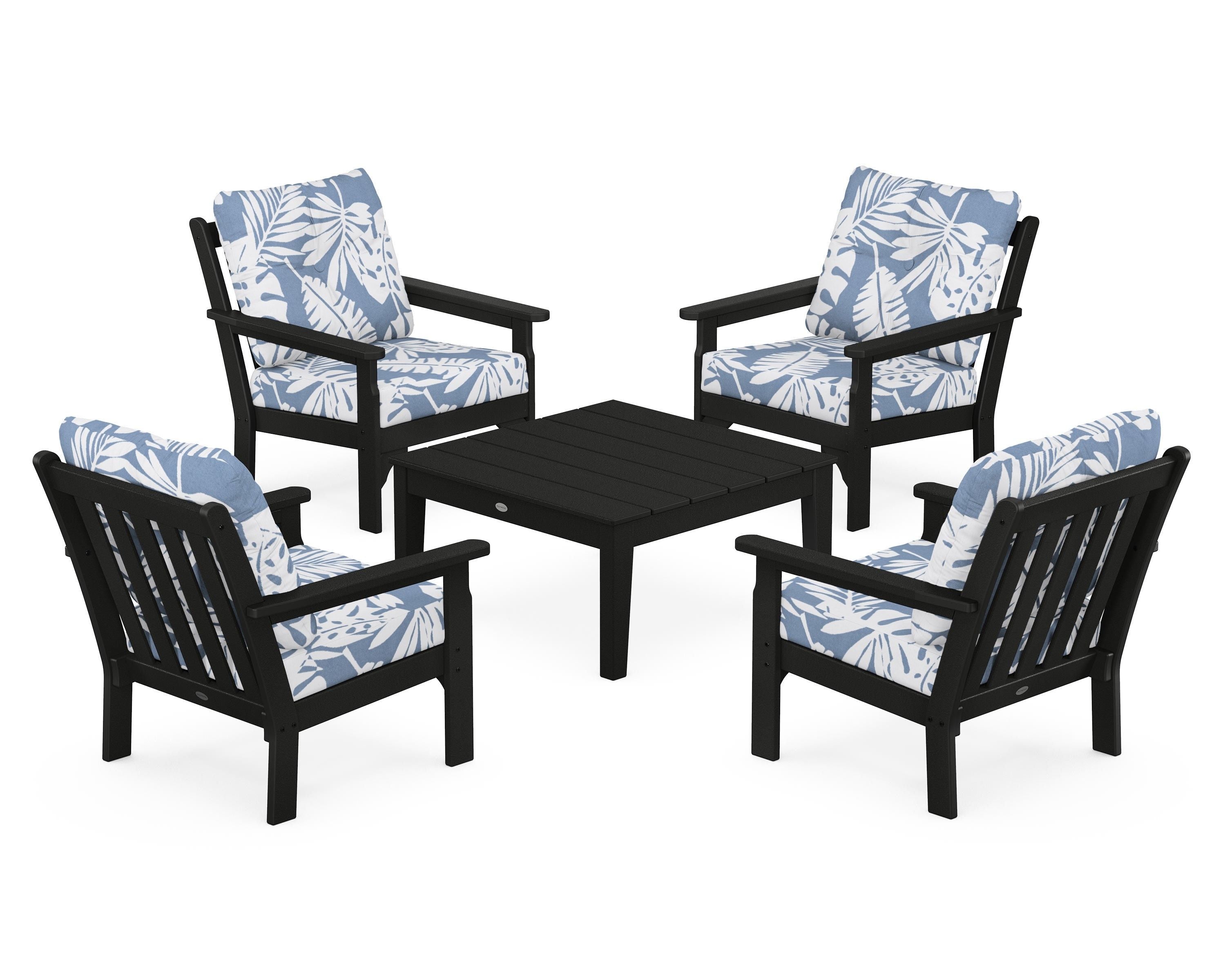 POLYWOOD® Vineyard 5-Piece Deep Seating Conversation Set in Black / Leaf Sky Blue