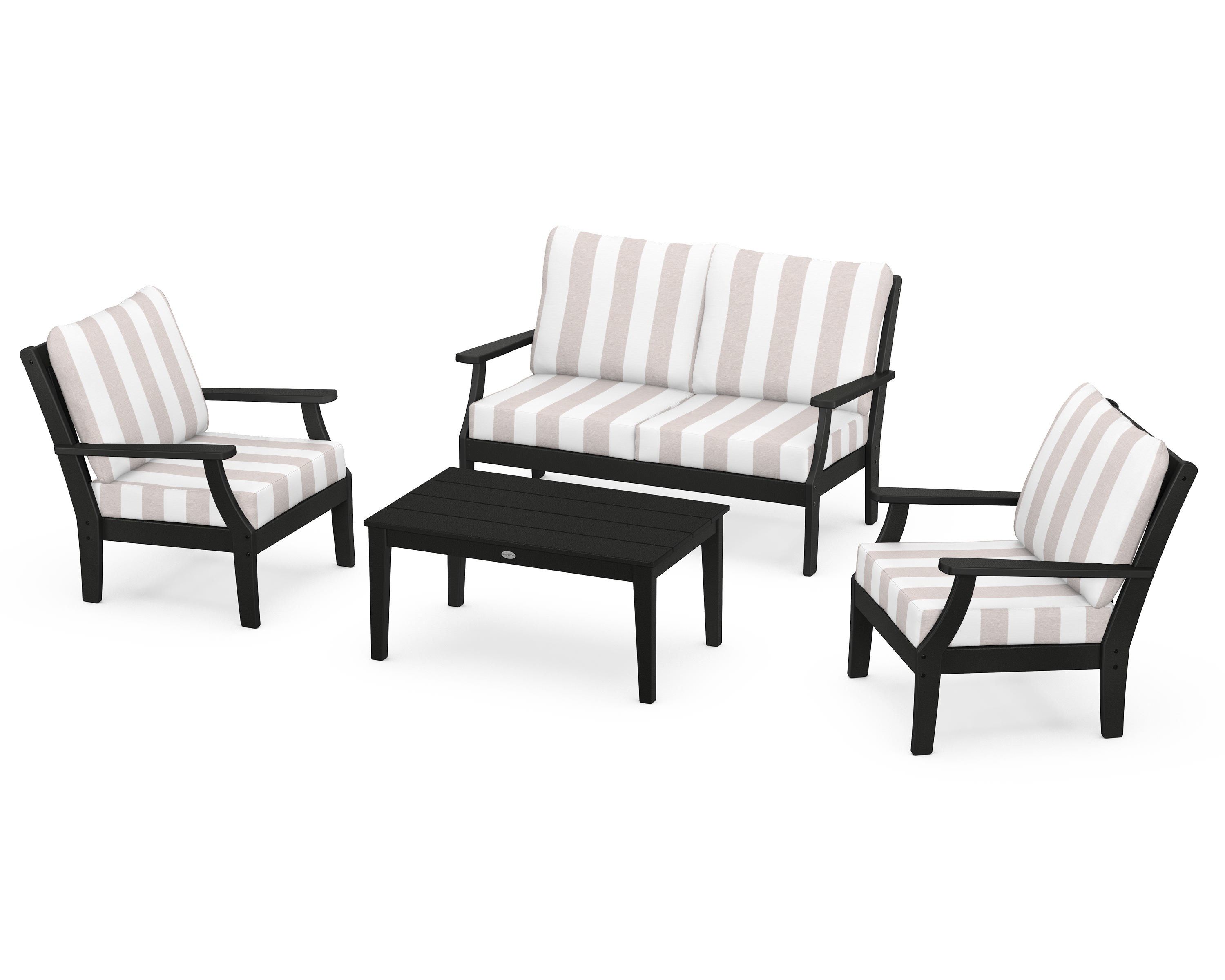 POLYWOOD® Braxton 4-Piece Deep Seating Chair Set in Black / Cabana Stripe Dune Burlap
