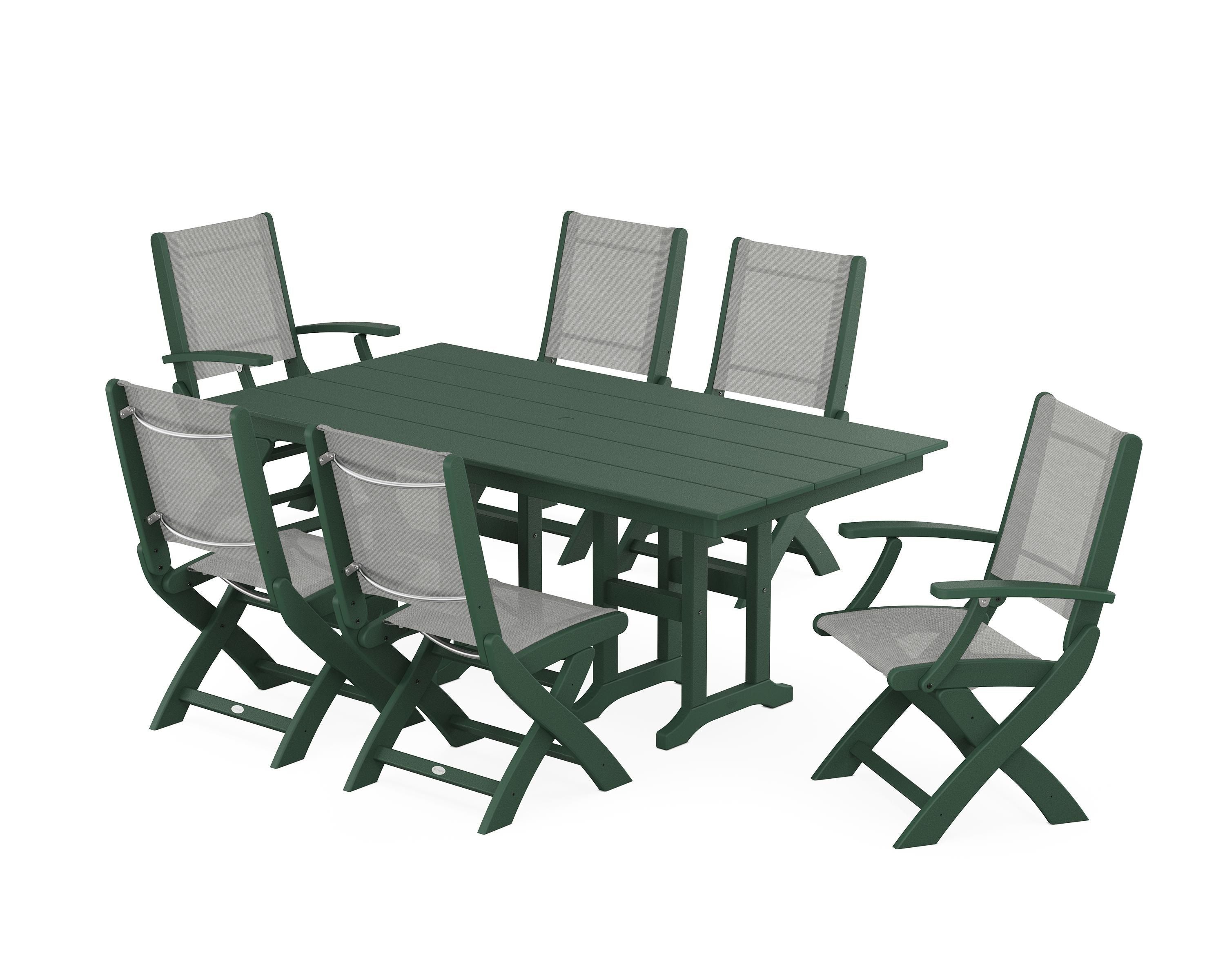 POLYWOOD® Coastal Folding Chair 7-Piece Farmhouse Dining Set in Green / Metallic Sling