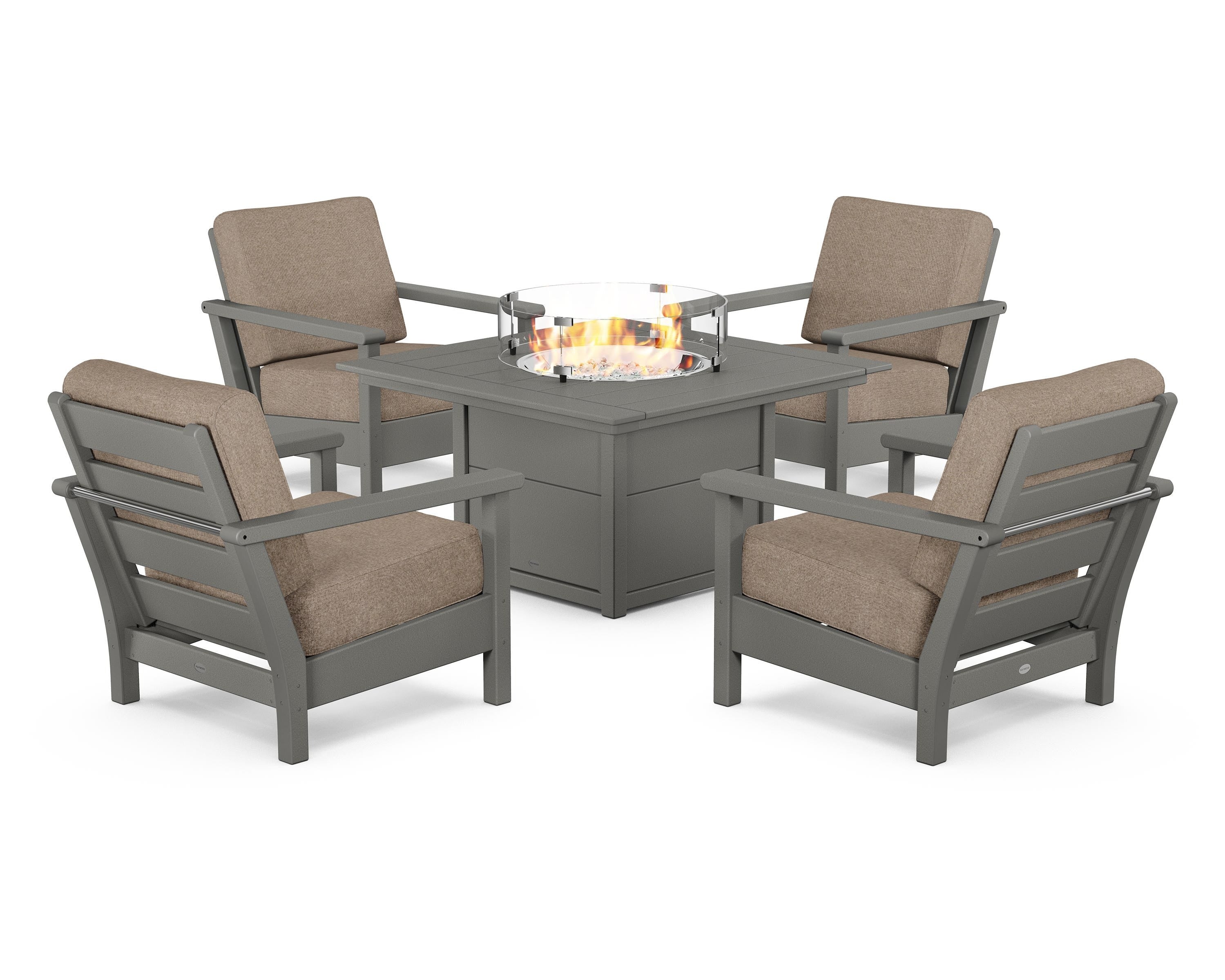 POLYWOOD® Harbour 5-Piece Conversation Set with Fire Pit Table in Slate Grey / Spiced Burlap