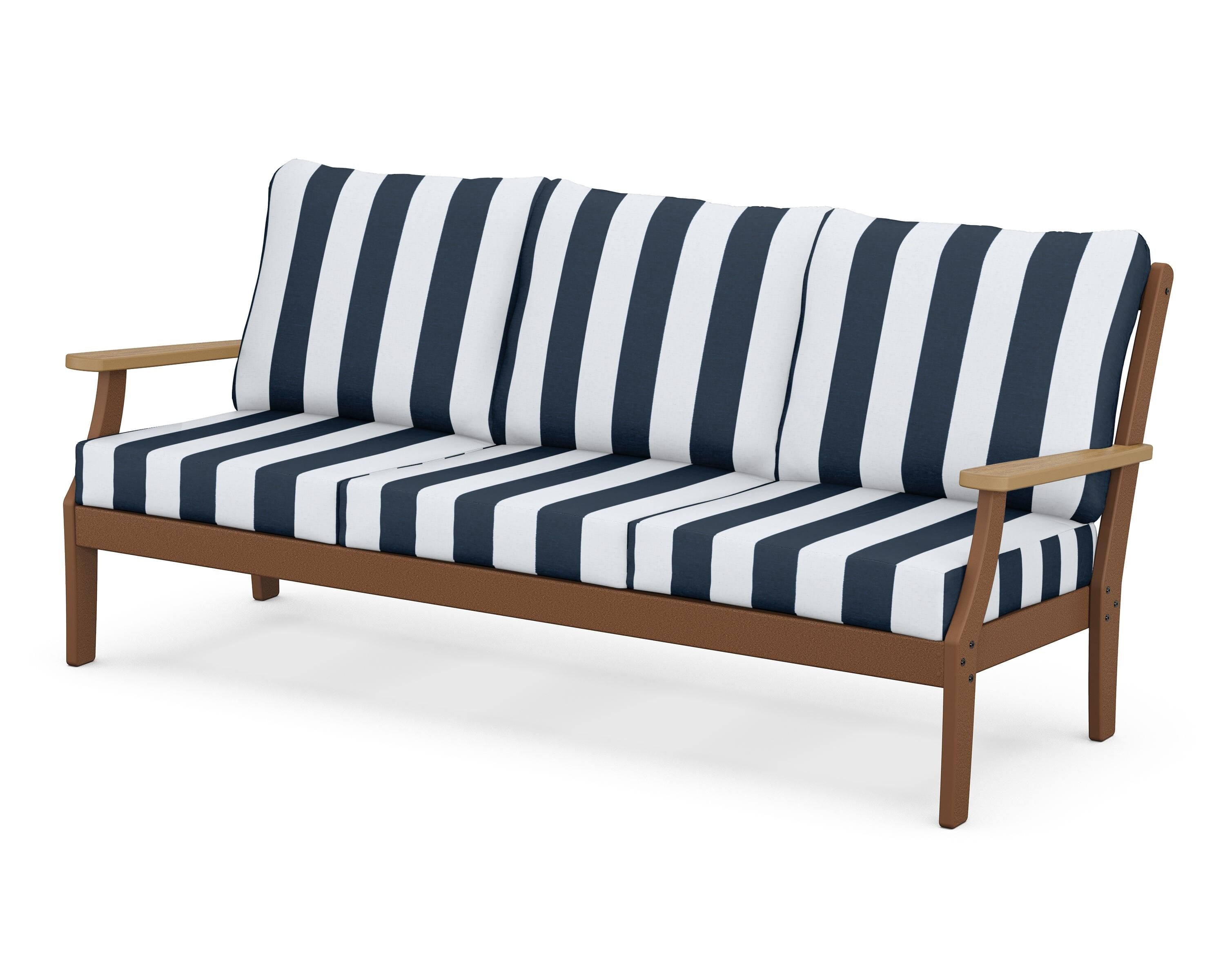 POLYWOOD® Braxton Deep Seating Sofa in Teak / Natural / Cabana Stripe Marine Indigo