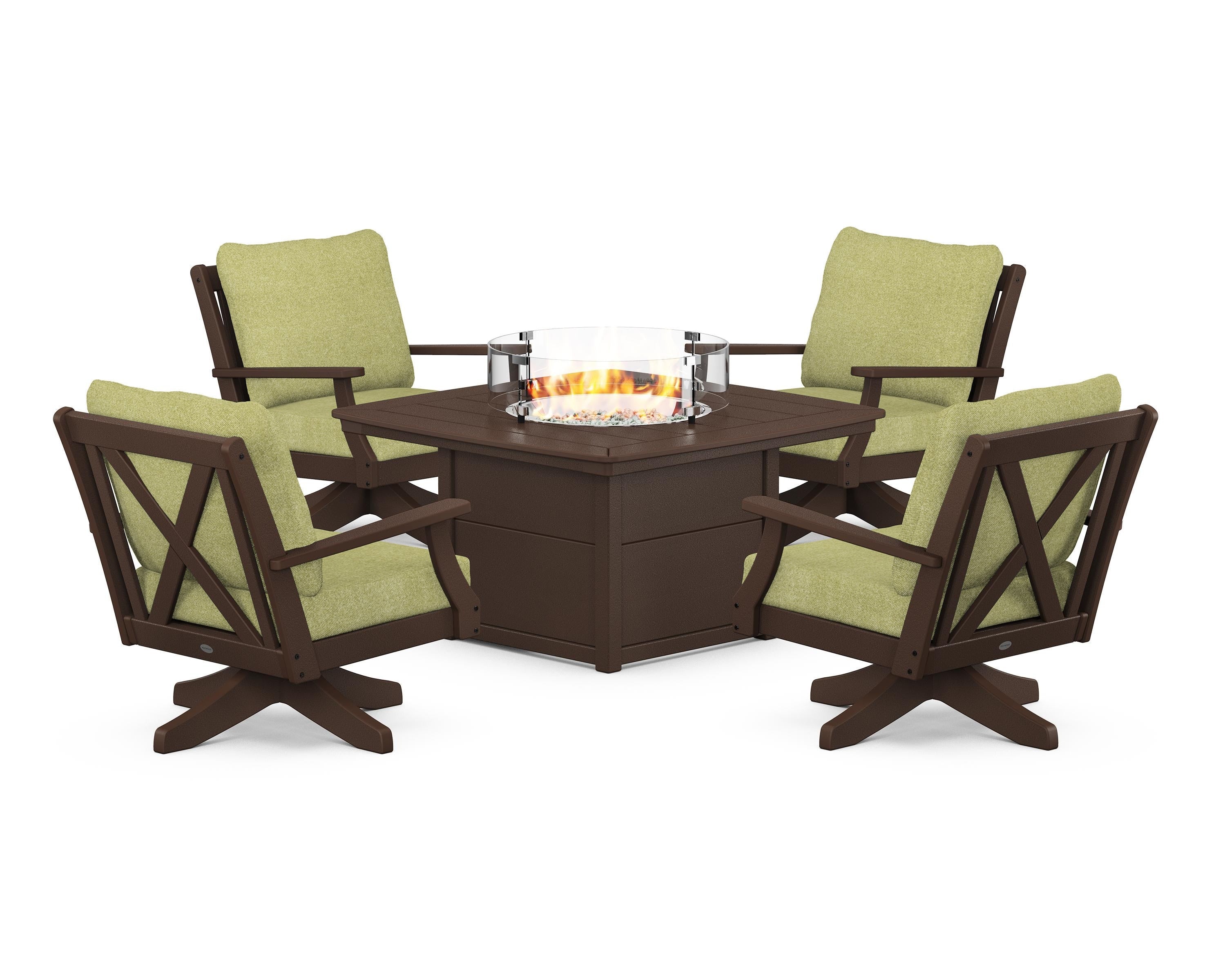 POLYWOOD® Braxton 5-Piece Deep Seating Swivel Conversation Set with Fire Pit Table in Mahogany / Chartreuse Boucle