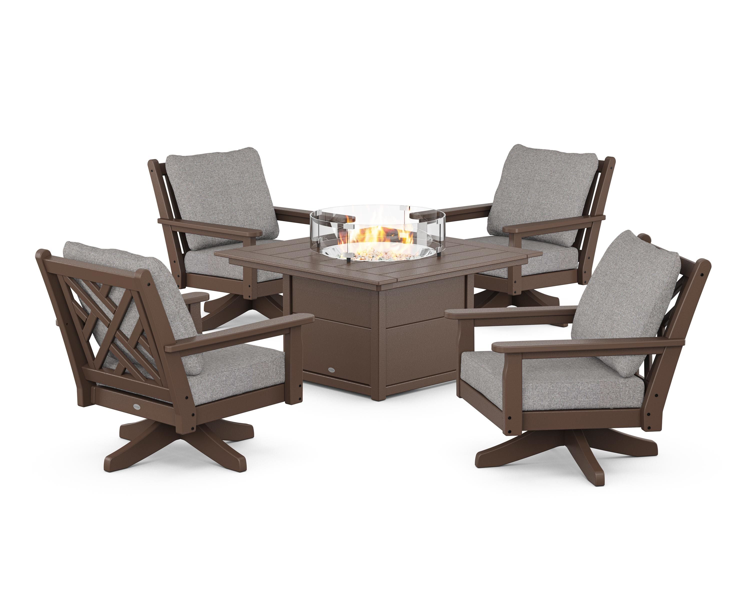 POLYWOOD® Chippendale 5-Piece Deep Seating Swivel Conversation Set with Fire Pit Table in Mahogany / Grey Mist