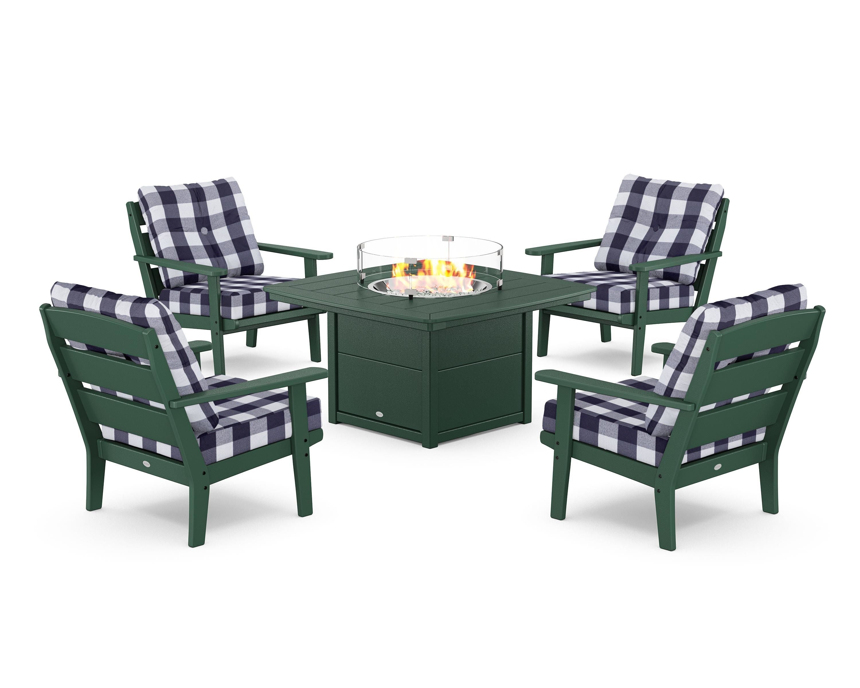 POLYWOOD® Lakeside 5-Piece Deep Seating Set with Nautical Fire Pit Table in Green / Buffalo Plaid Navy