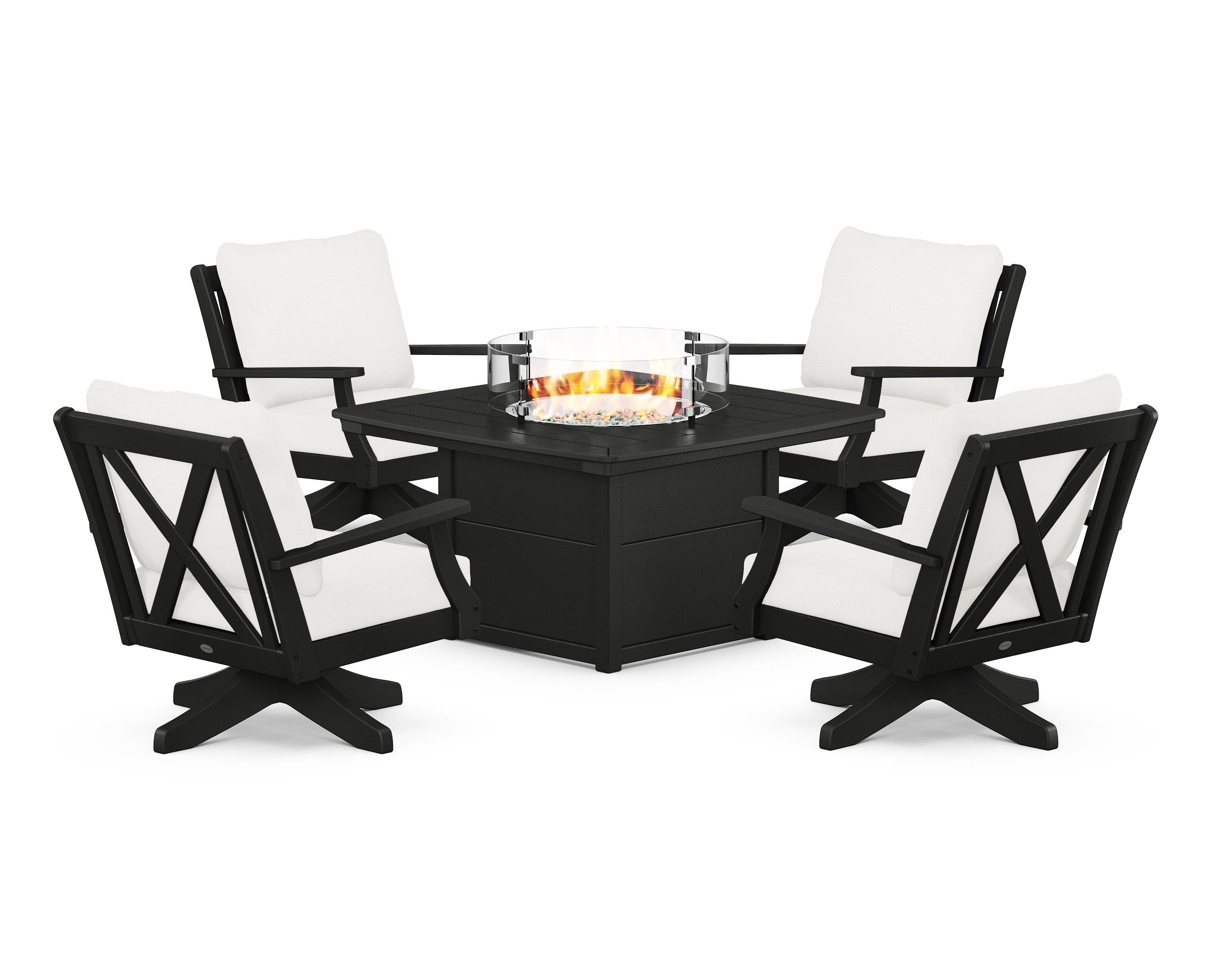 POLYWOOD® Braxton 5-Piece Deep Seating Swivel Conversation Set with Fire Pit Table in Black / Natural Linen
