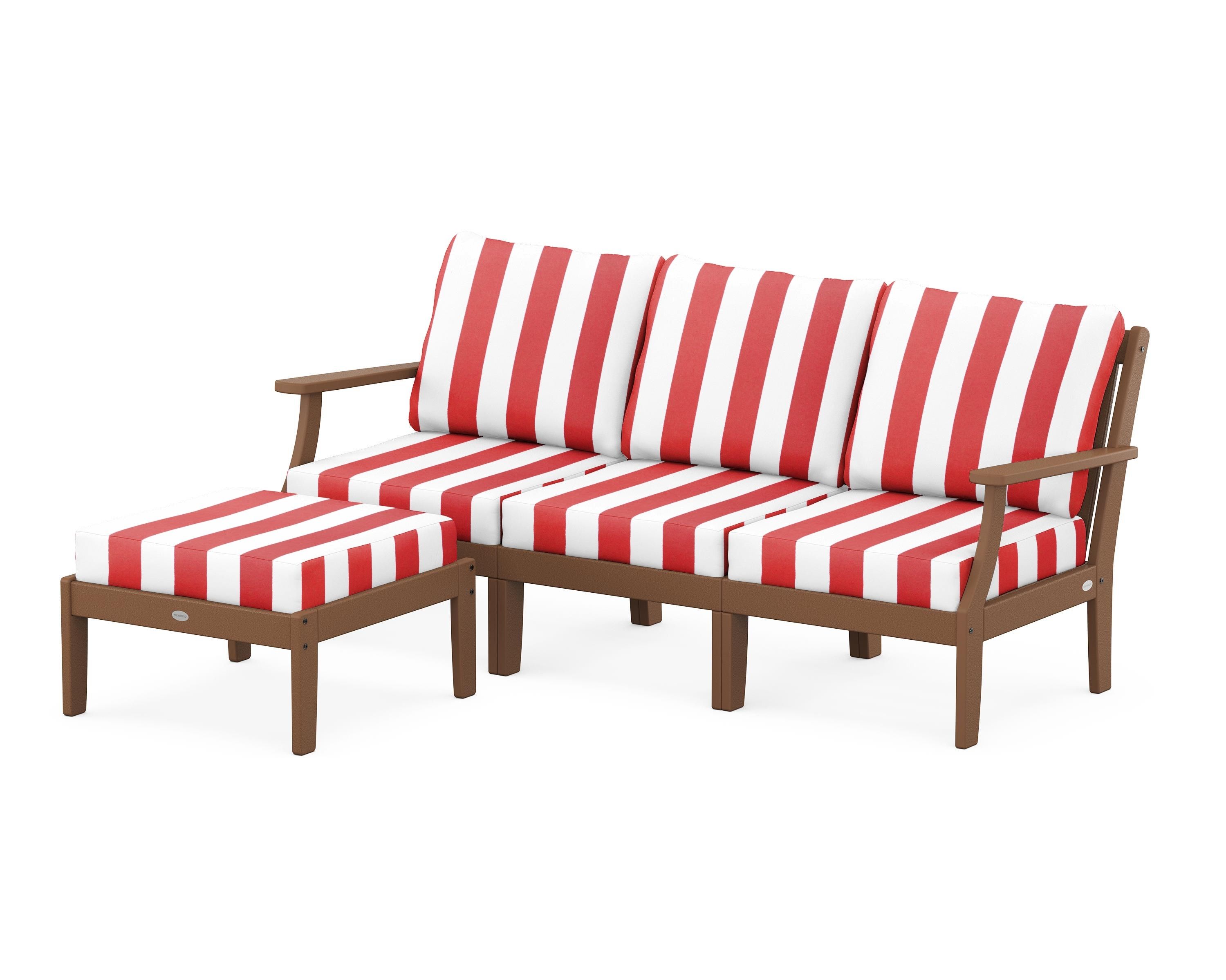 POLYWOOD® Braxton Modular 4-Piece Deep Seating Set with Ottoman in Teak / Cabana Stripe Crimson