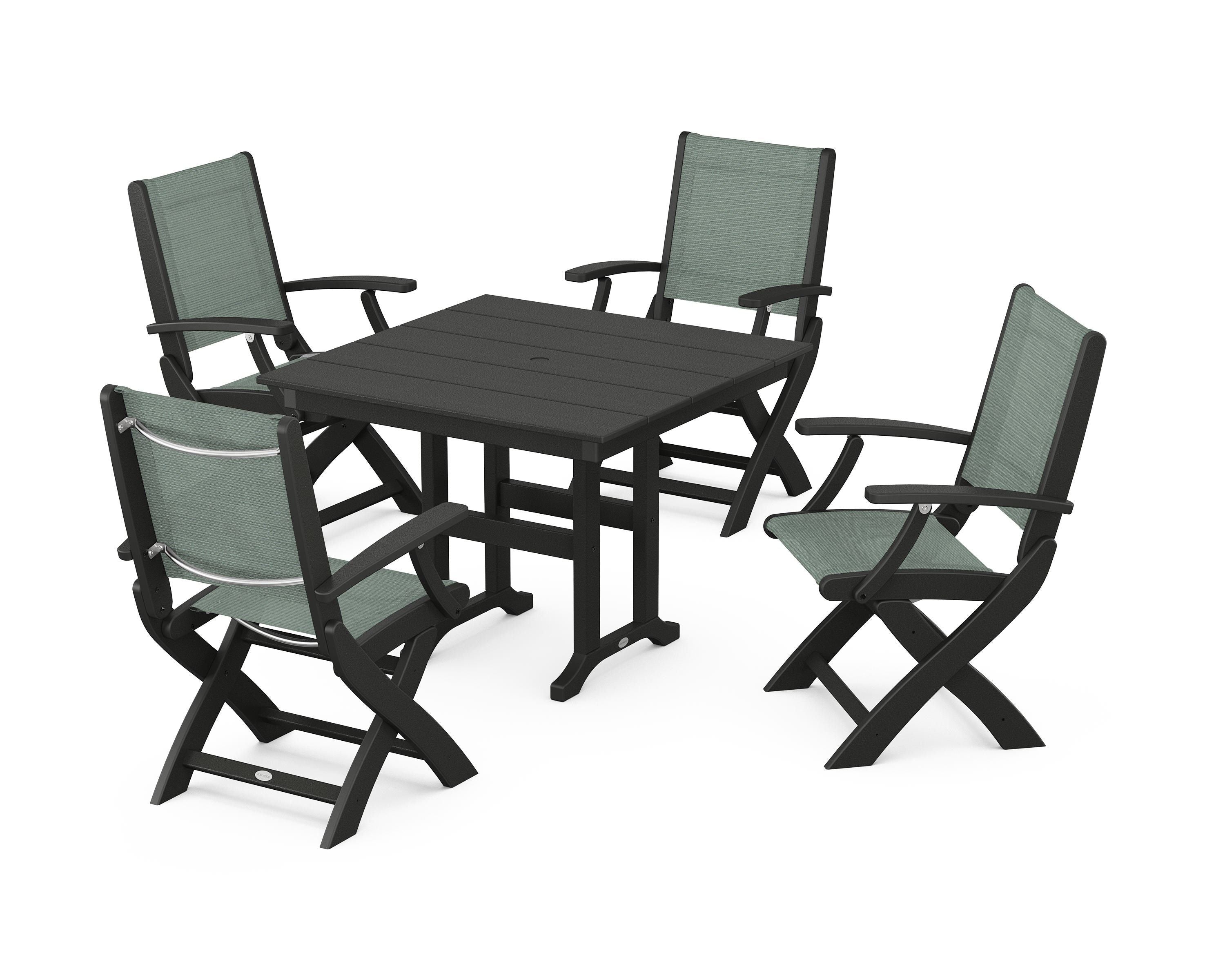 POLYWOOD® Coastal Folding Chair 5-Piece Farmhouse Dining Set in Black / Dupioni Sea Mist Sling