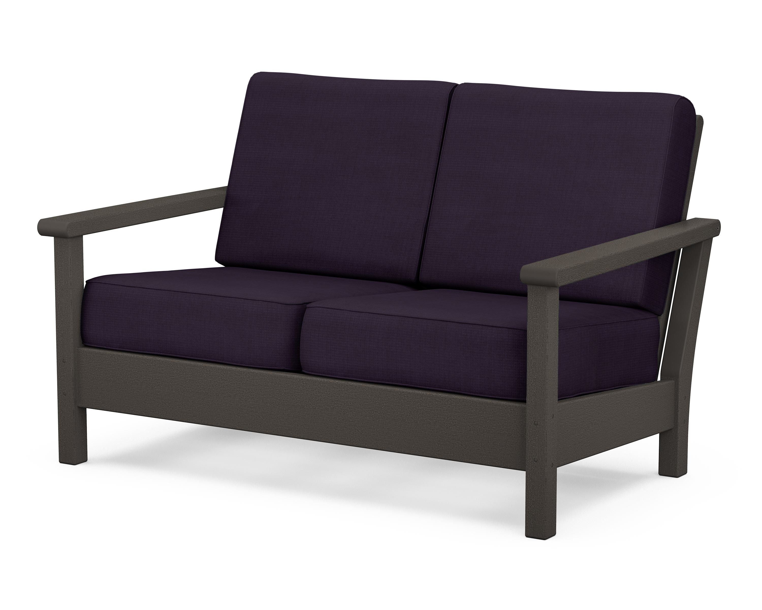 POLYWOOD® Harbour Deep Seating Loveseat in Vintage Coffee / Navy Linen