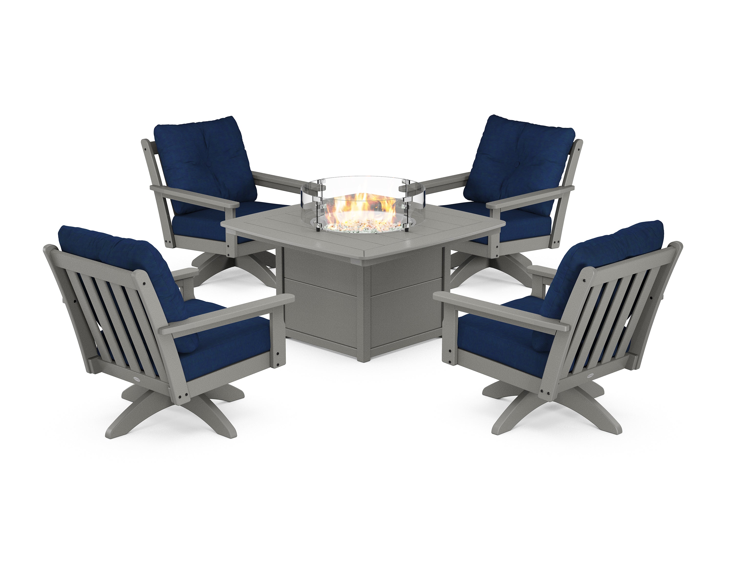 POLYWOOD® Vineyard 5-Piece Deep Seating Swivel Conversation Set with Fire Pit Table in Slate Grey / Navy