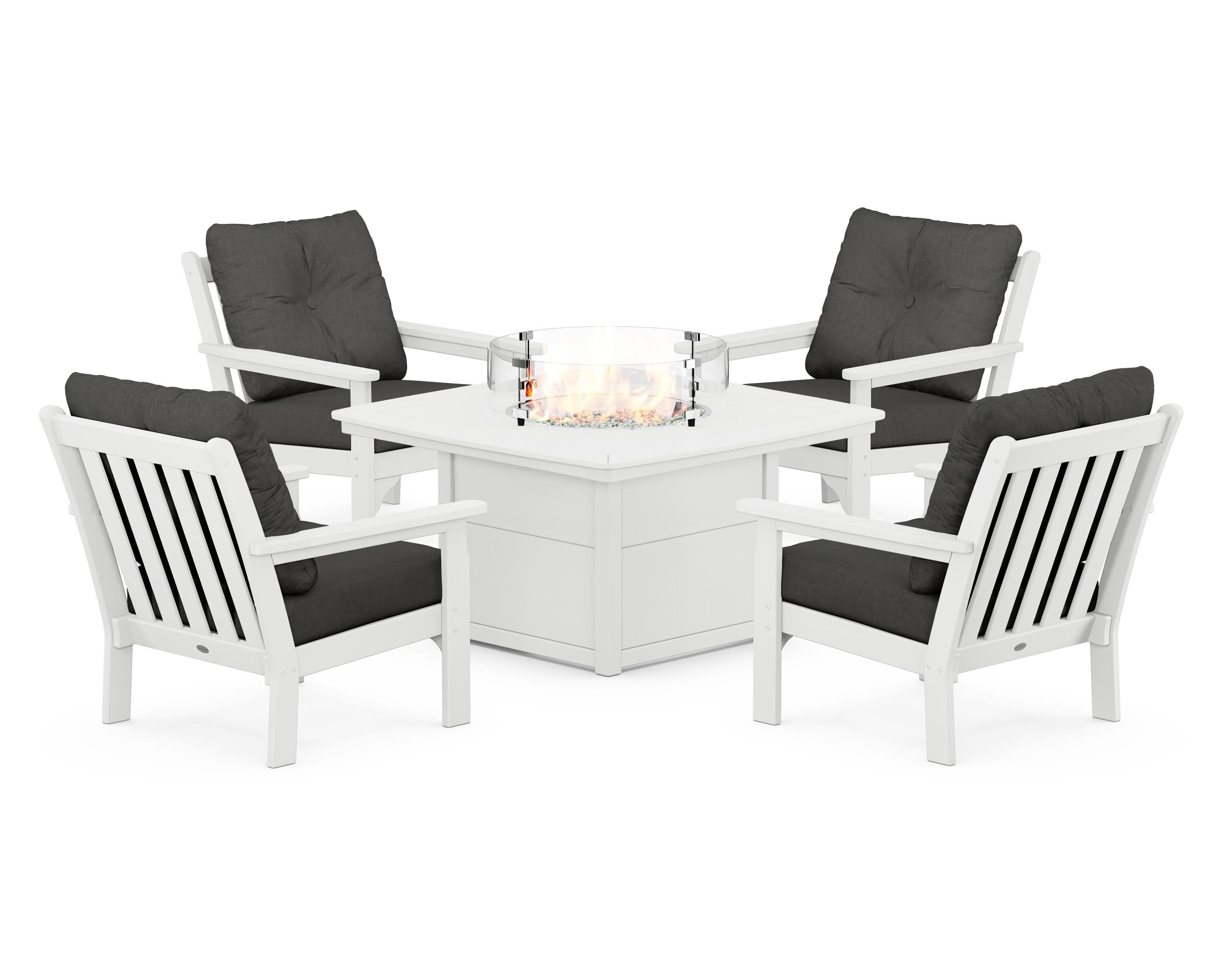 POLYWOOD® Vineyard 5-Piece Conversation Set with Fire Pit Table in White / Spectrum Carbon