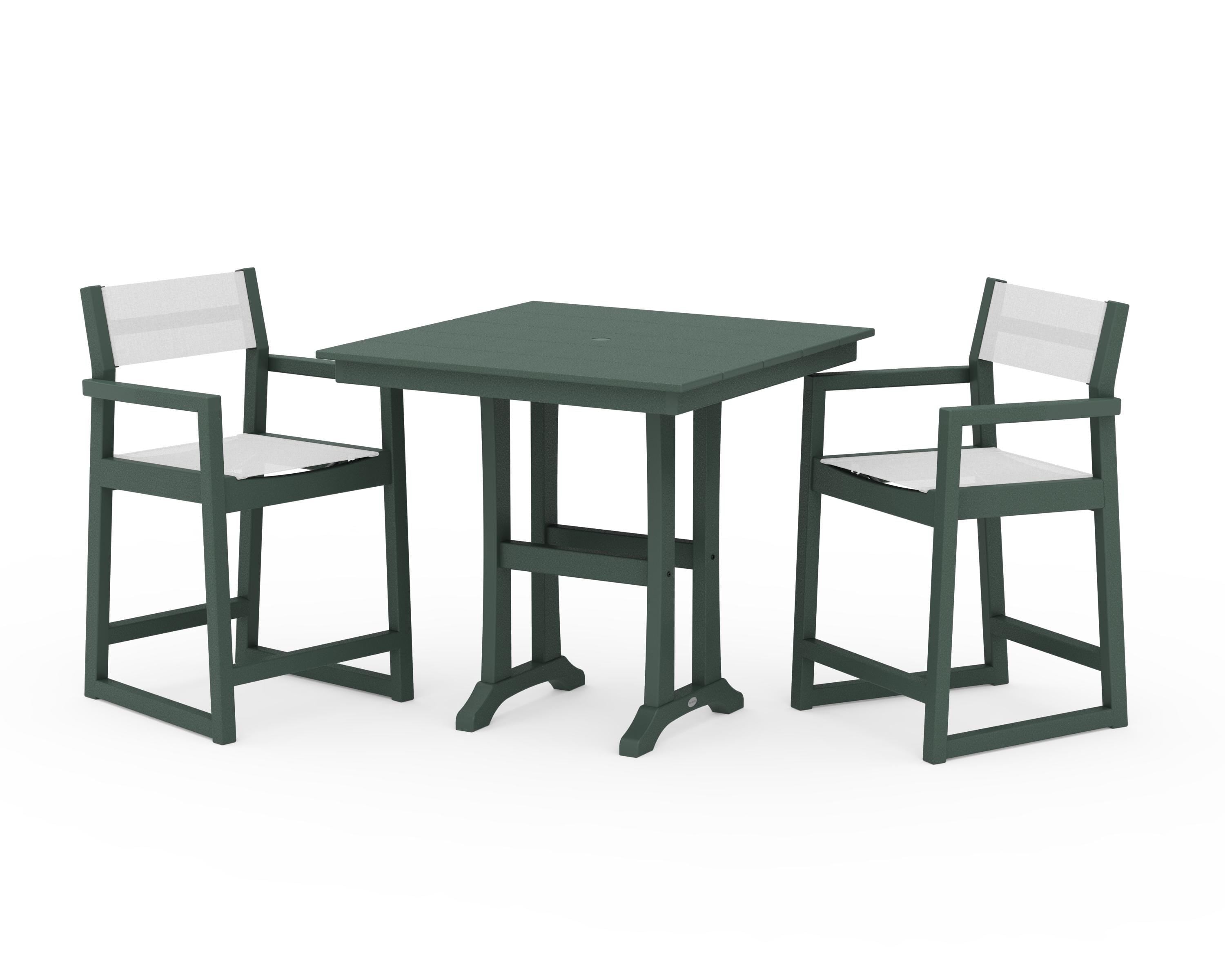 POLYWOOD® EDGE Sling Arm Chair 3-Piece Farmhouse Counter Set with Trestle Legs in Green / White Sling