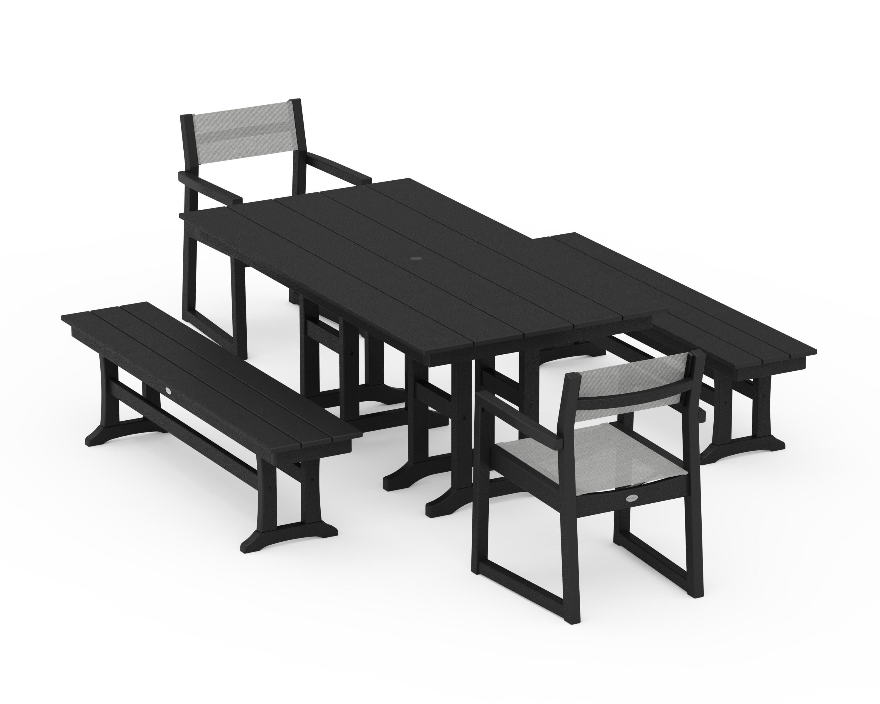 POLYWOOD® EDGE Sling Arm Chair 5-Piece Farmhouse Dining Set with Benches in Black / Metallic Sling