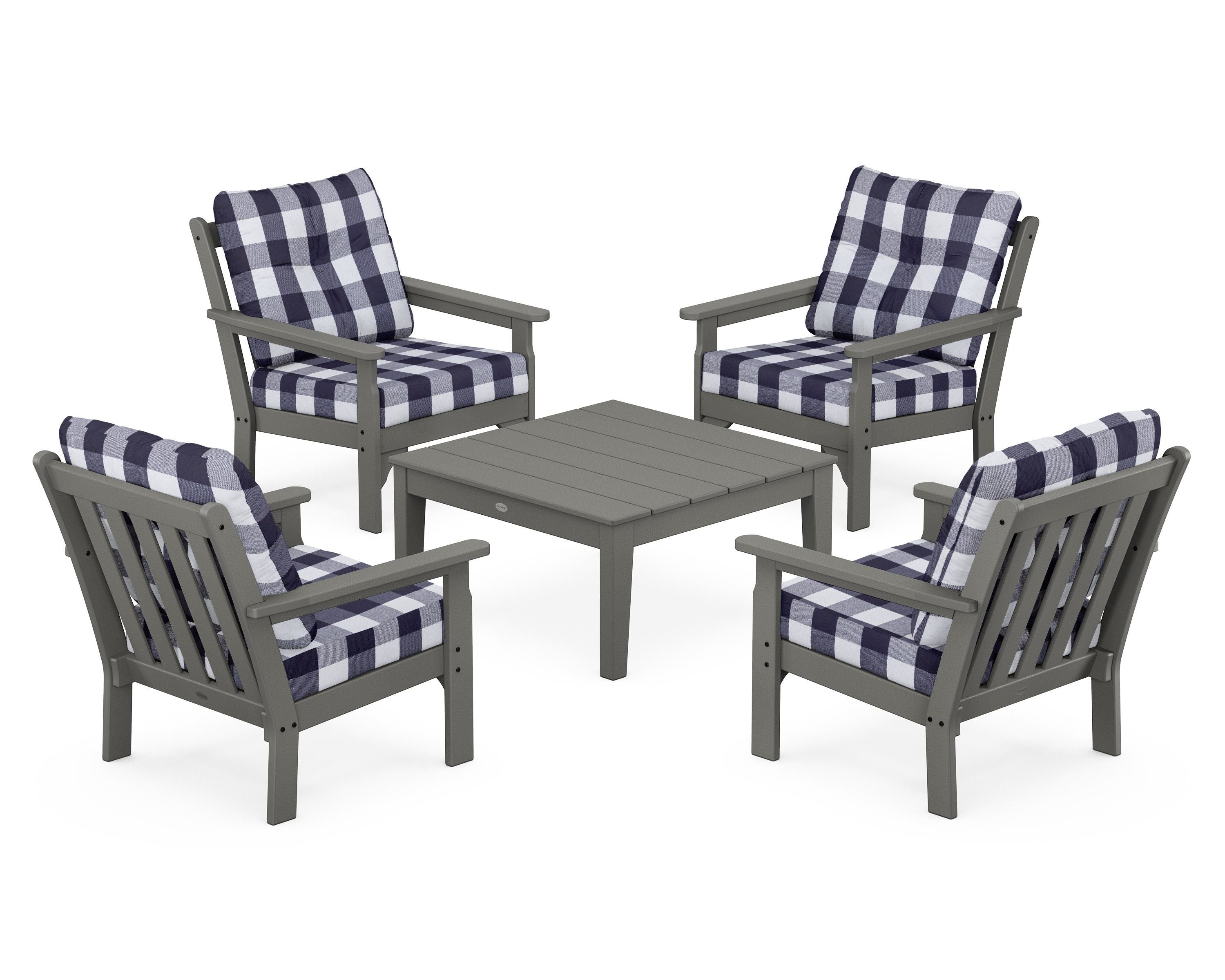 POLYWOOD® Vineyard 5-Piece Deep Seating Conversation Set in Slate Grey / Buffalo Plaid Navy