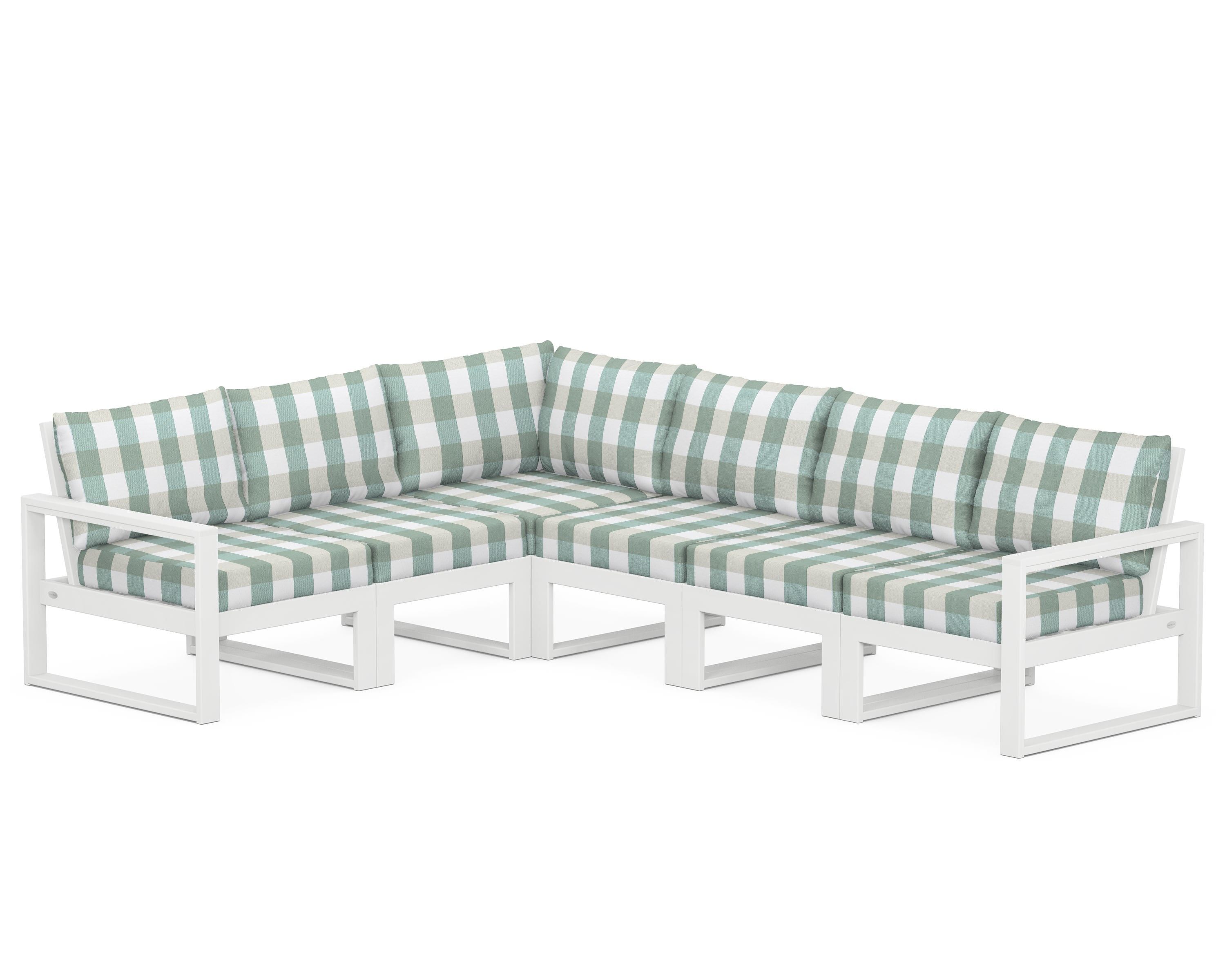 POLYWOOD® EDGE 6-Piece Modular Deep Seating Set in White / Buffalo Plaid Glacier Spa