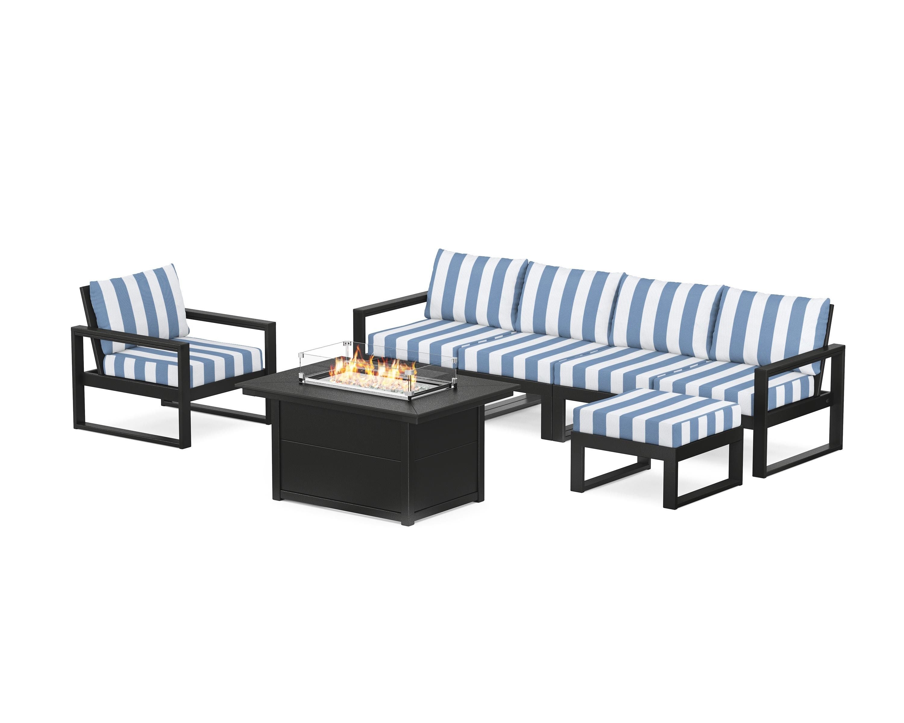 POLYWOOD® EDGE Sectional Lounge and Fire Pit Set in Black / Cabana Stripe Sky Blue