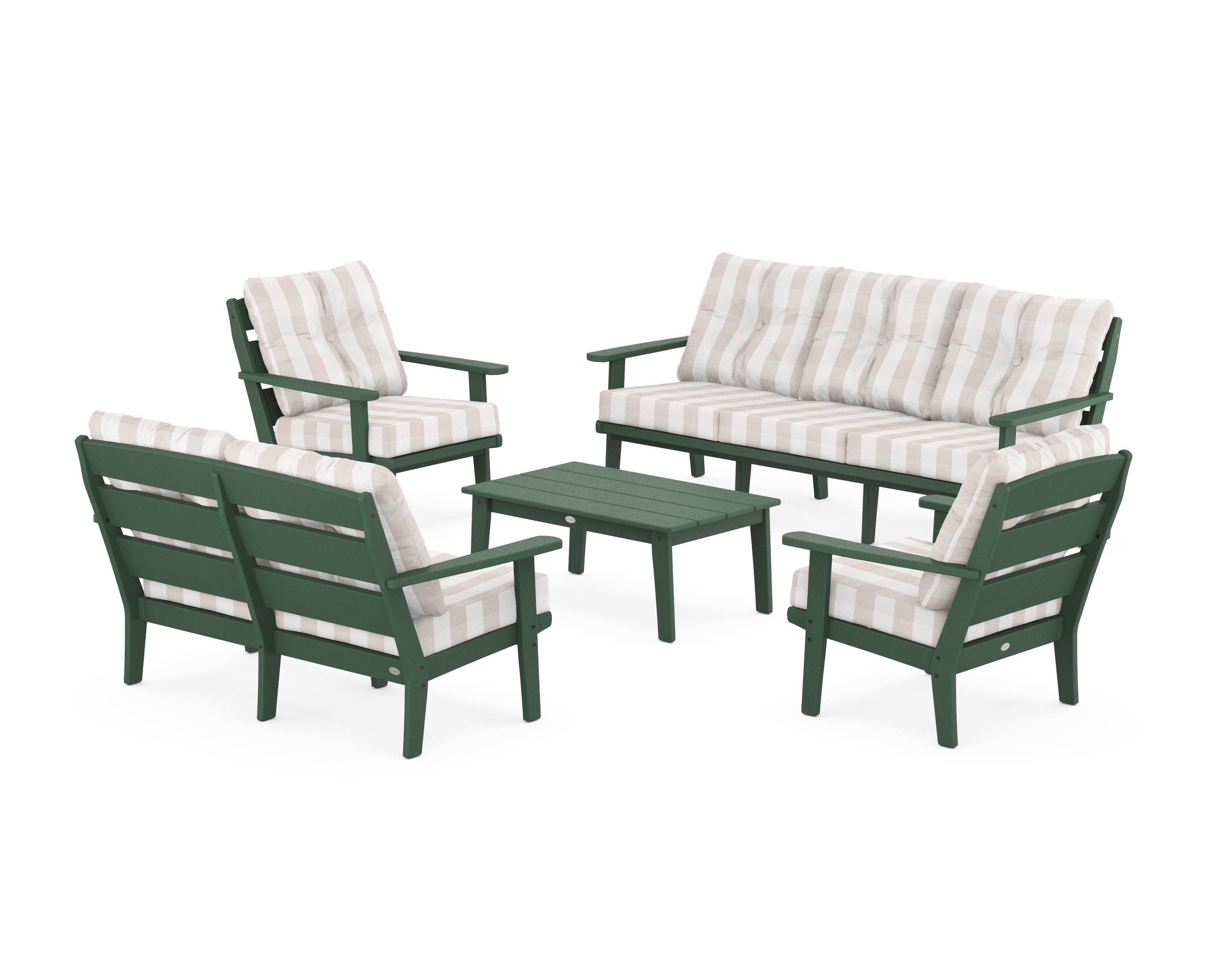 POLYWOOD® Lakeside 5-Piece Lounge Sofa Set in Green / Buffalo Plaid Dune Burlap
