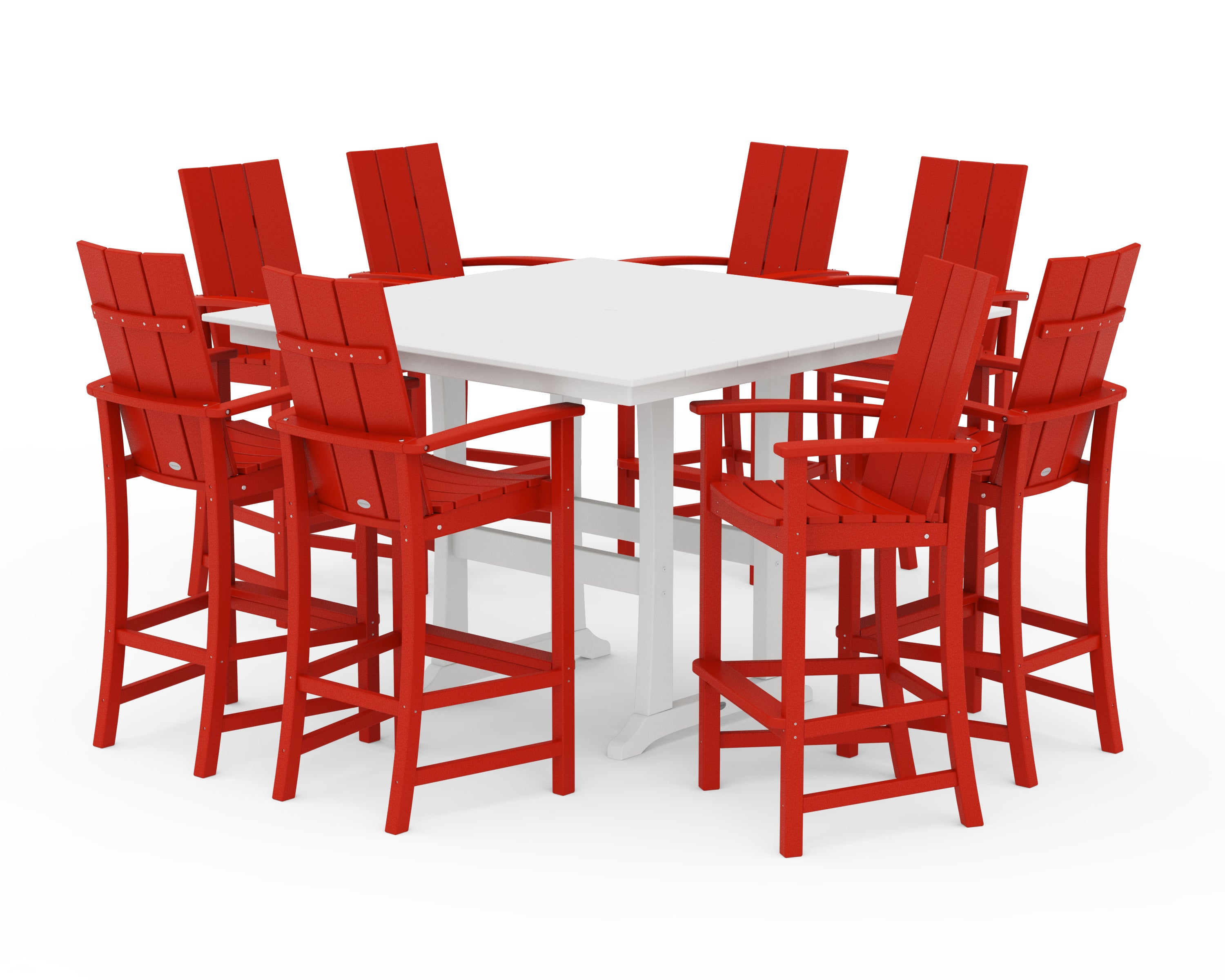 POLYWOOD® Modern Adirondack 9-Piece Farmhouse Trestle Bar Set in Sunset Red / White