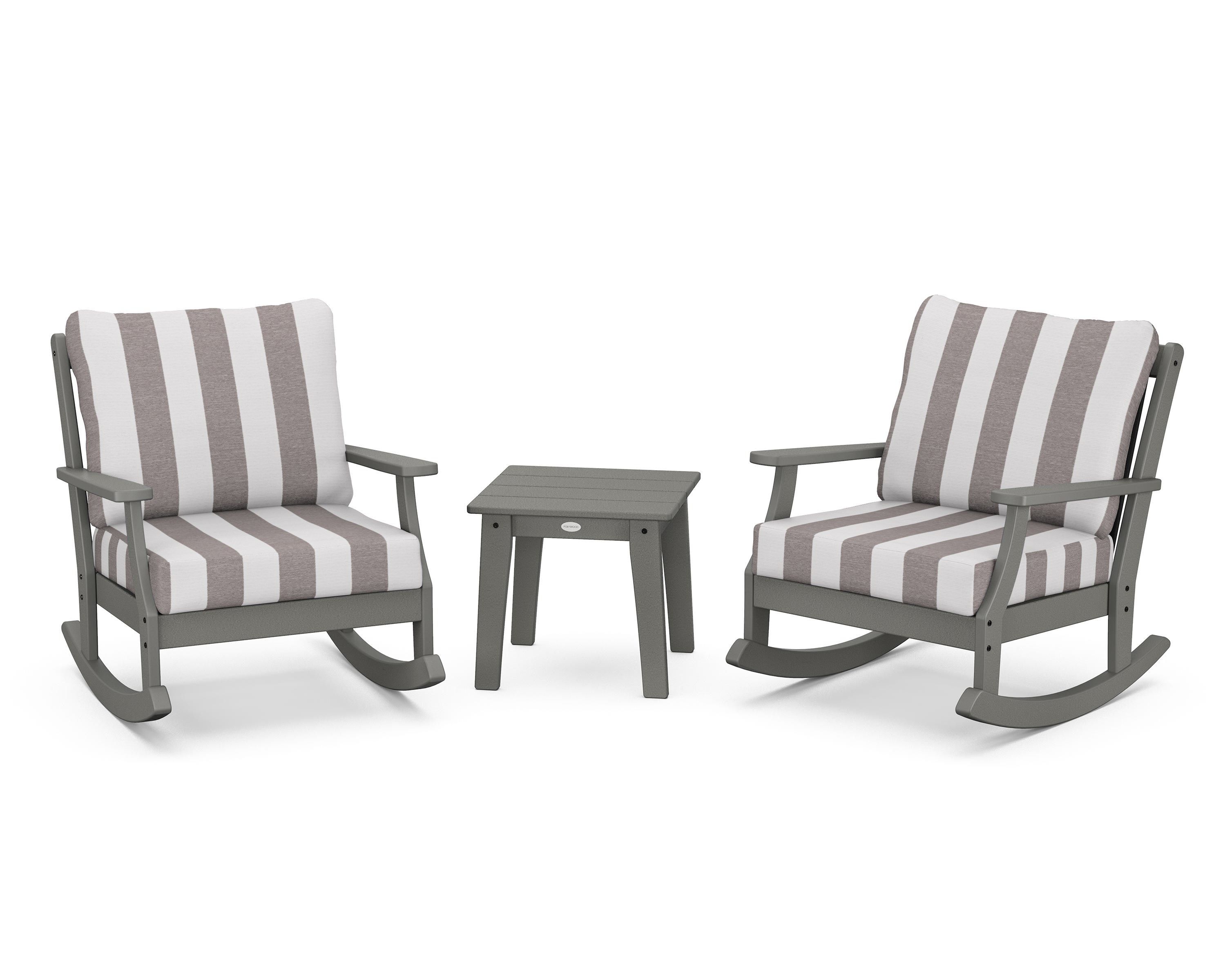 POLYWOOD® Braxton 3-Piece Deep Seating Rocker Set in Slate Grey / Cabana Stripe Grey Mist