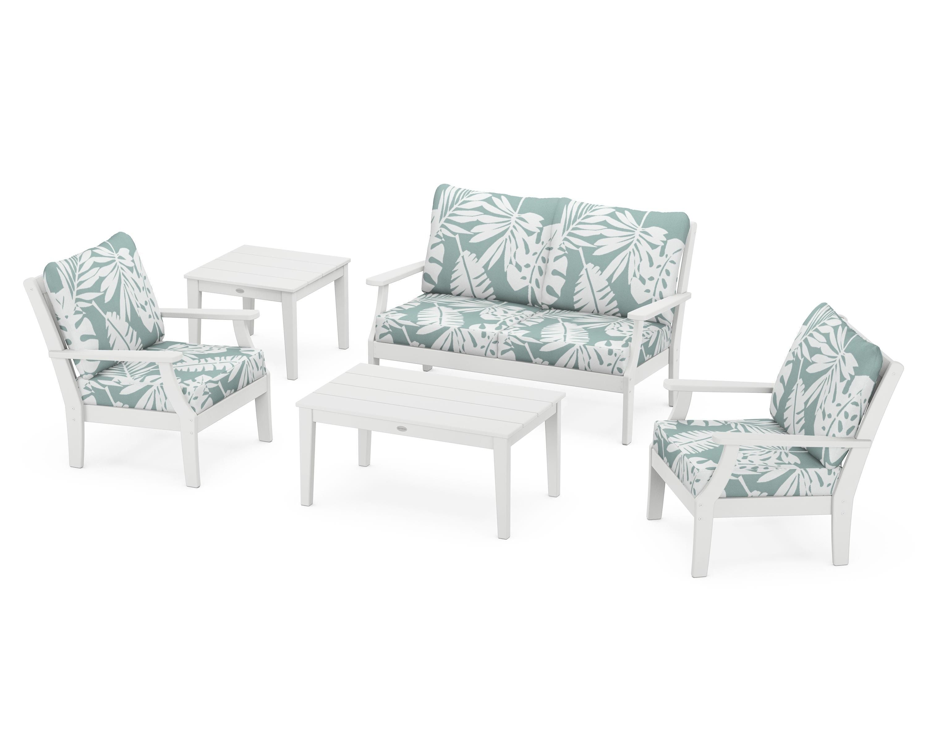 POLYWOOD® Braxton 5-Piece Deep Seating Set in White / Leaf Glacier Spa