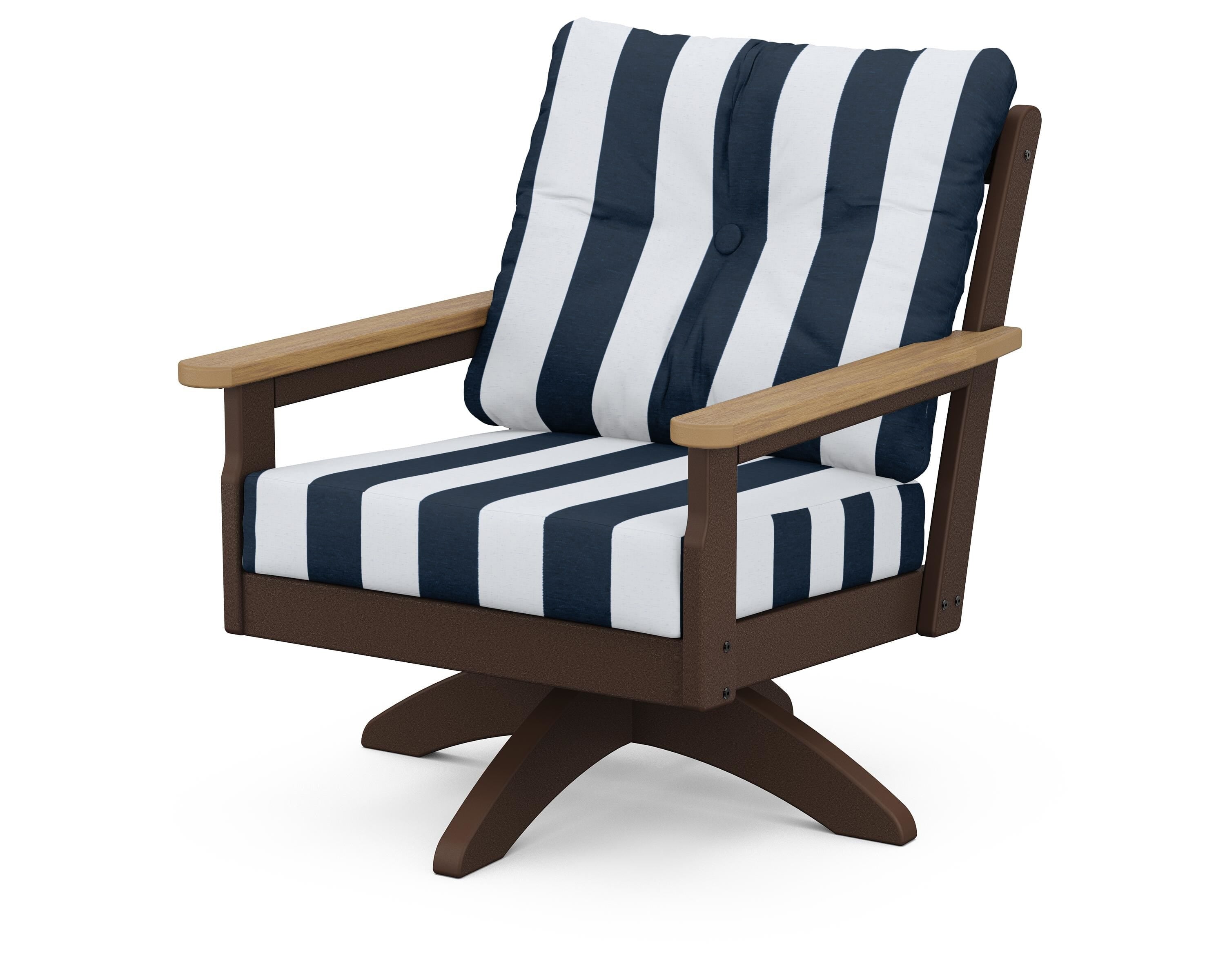 POLYWOOD® Vineyard Deep Seating Swivel Chair in Mahogany / Natural / Cabana Stripe Marine Indigo