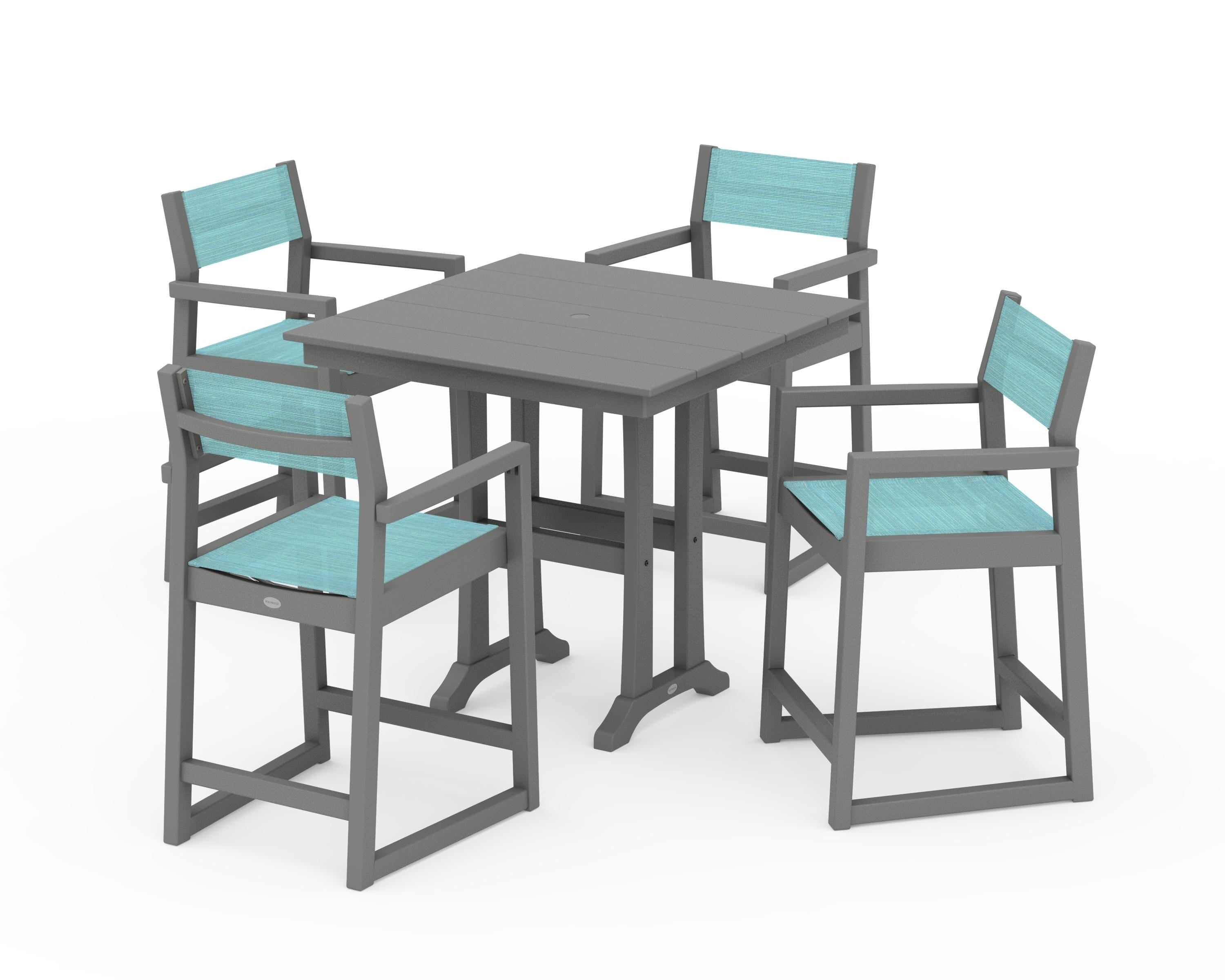 POLYWOOD® EDGE Sling Arm Chair 5-Piece Farmhouse Counter Set with Trestle Legs in Slate Grey / Dupioni Aquamarine Sling