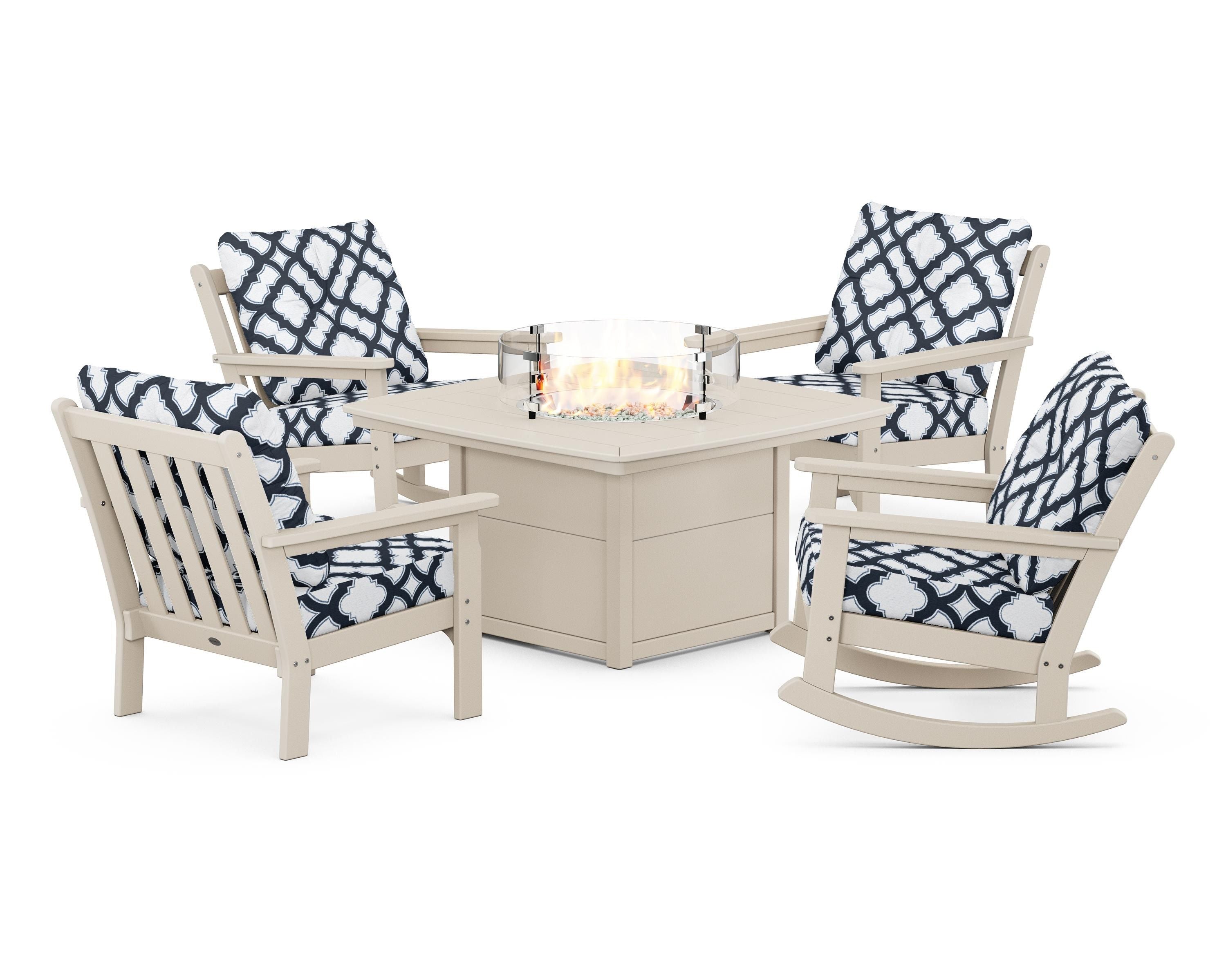 POLYWOOD® Vineyard 5-Piece Deep Seating Rocking Chair Conversation Set with Fire Pit Table in Sand / Trellis Marine Indigo