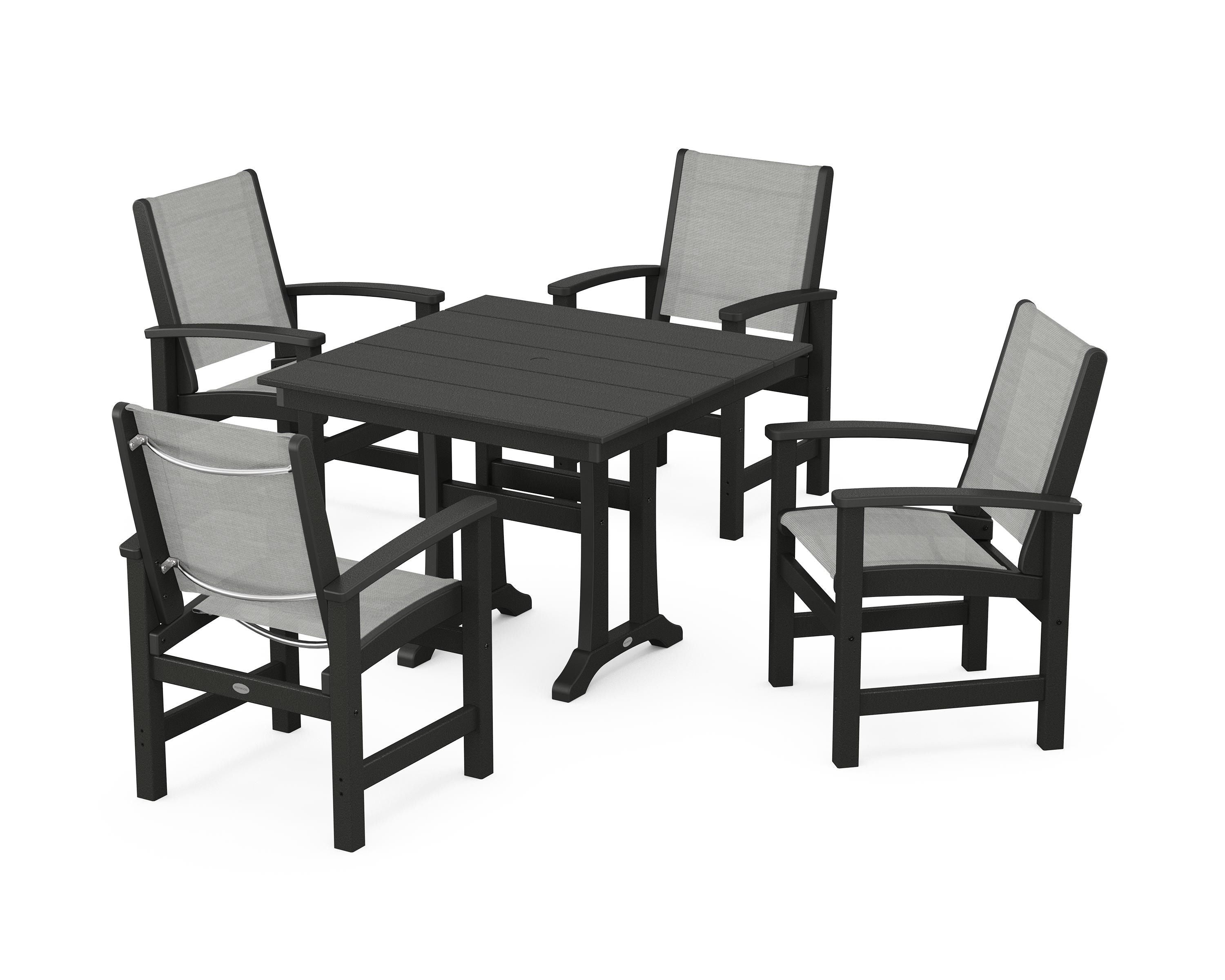 POLYWOOD® Coastal 5-Piece Farmhouse Dining Set With Trestle Legs in Black / Metallic Sling