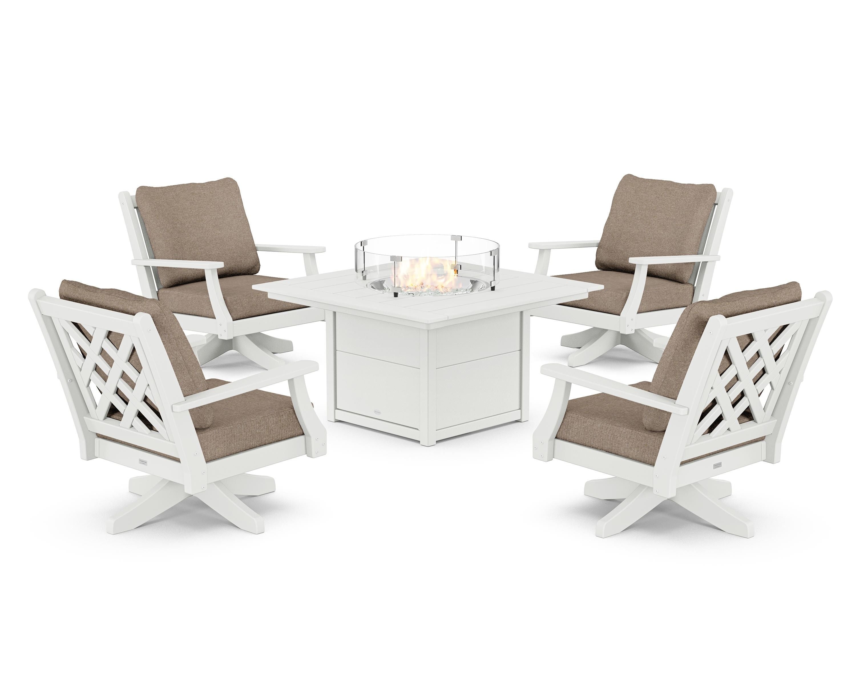 Country Living Wovendale 5-Piece Deep Seating Swivel Conversation Set with Fire Pit Table in White / Spiced Burlap