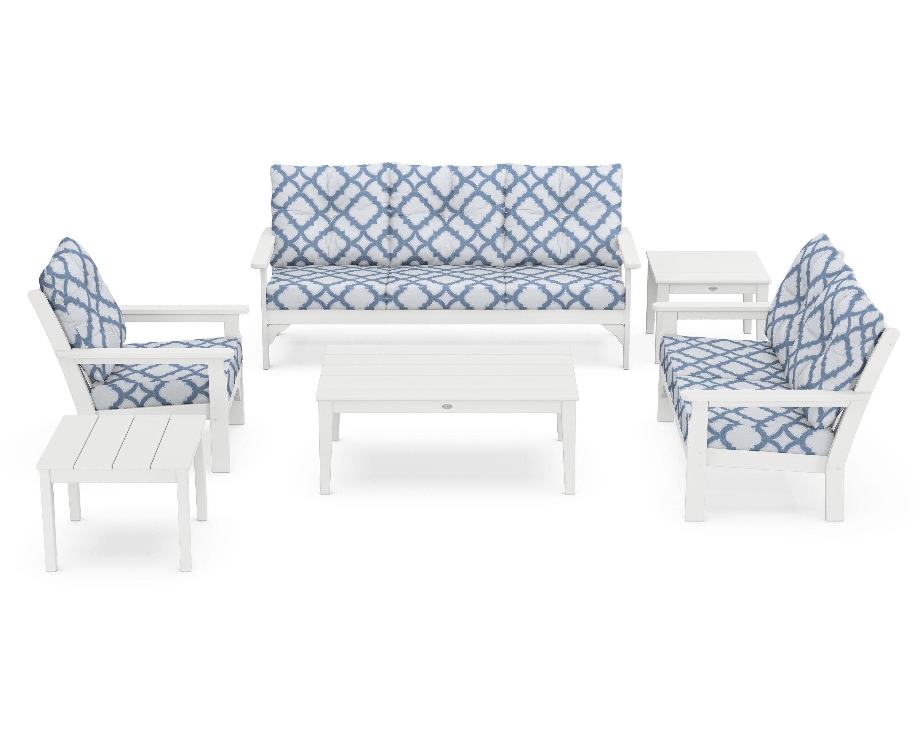 POLYWOOD® Vineyard 6-Piece Deep Seating Set in White / Trellis Sky Blue