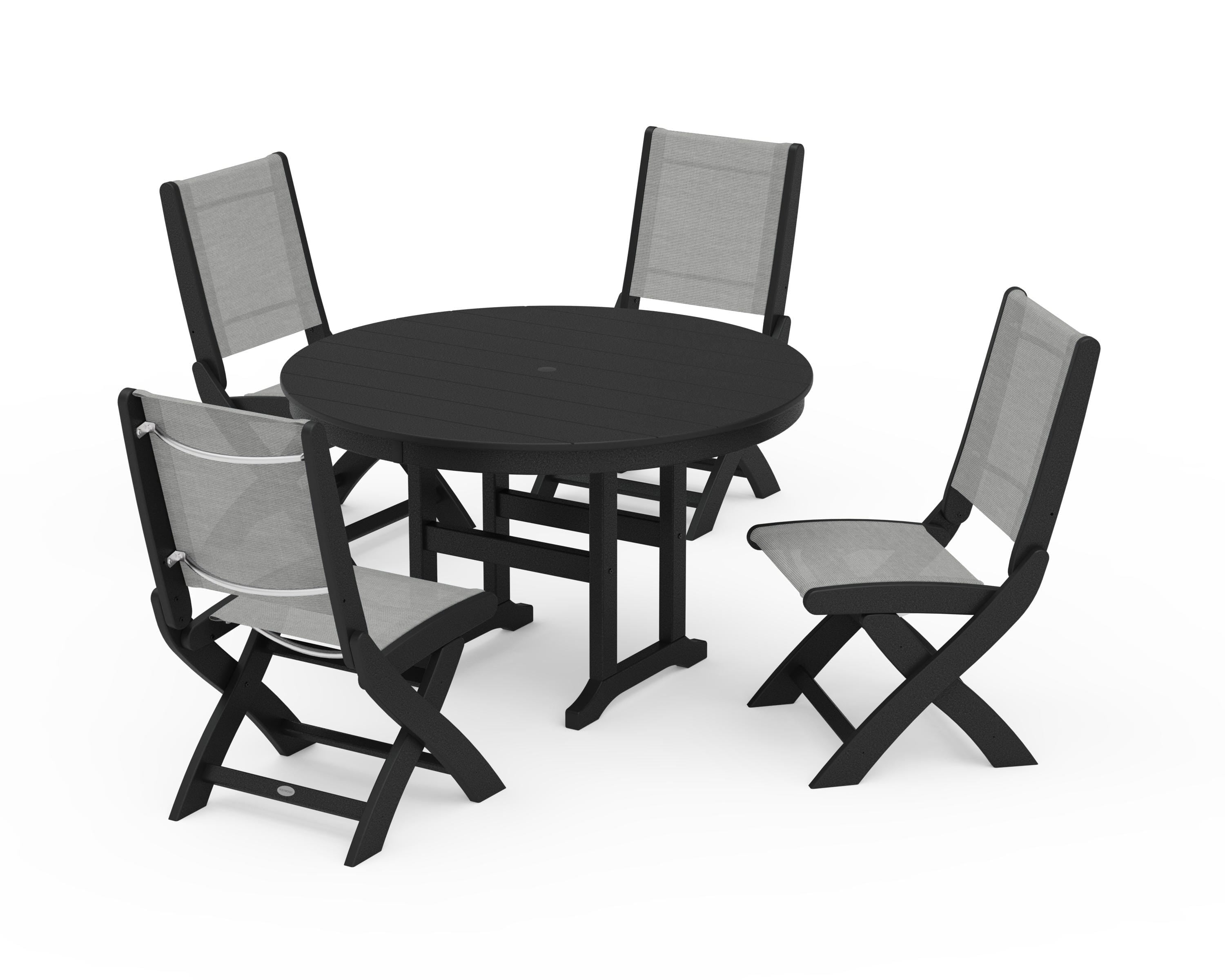 POLYWOOD® Coastal Folding Side Chair 5-Piece Round Dining Set in Black / Metallic Sling