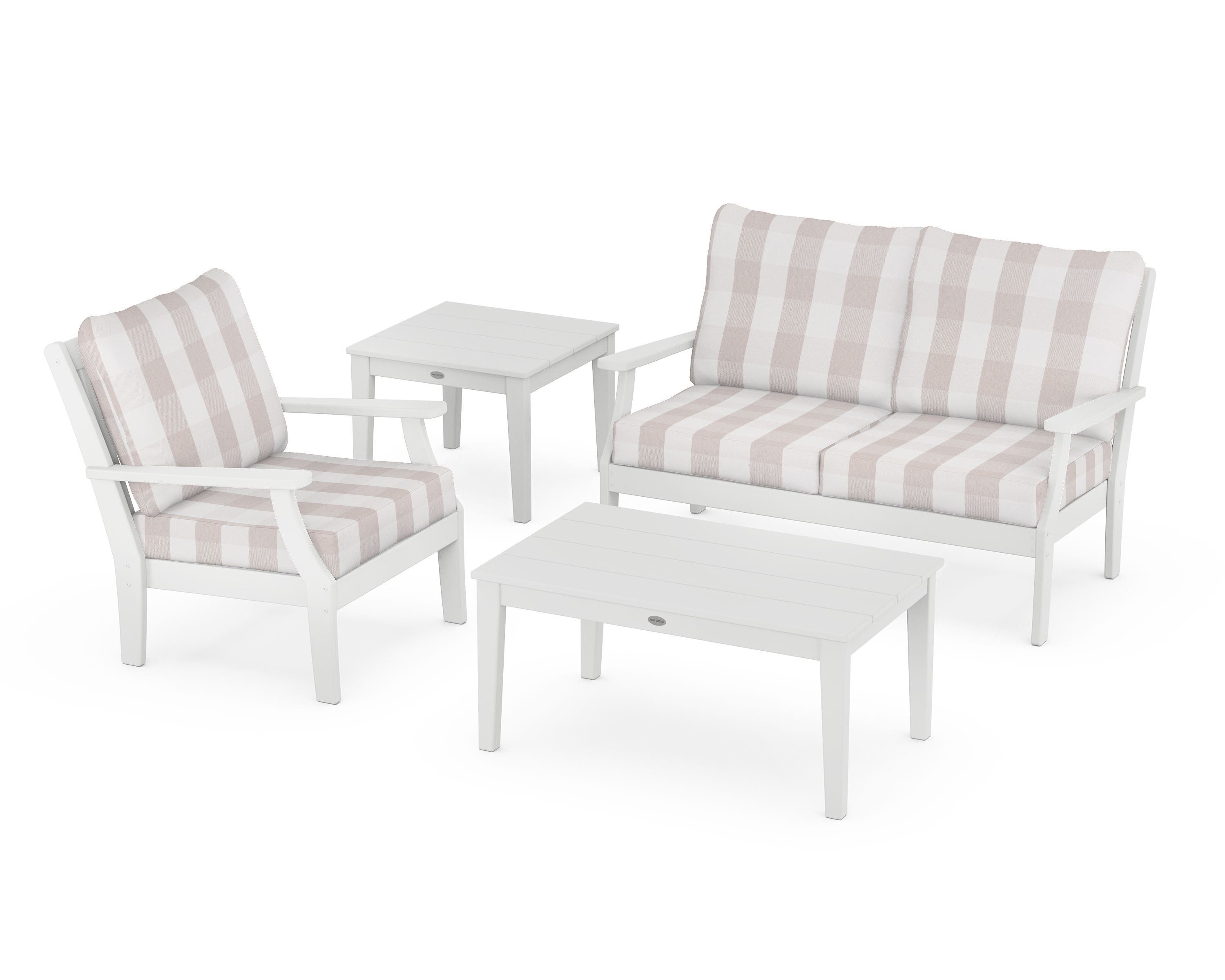 POLYWOOD® Braxton 4-Piece Deep Seating Set in White / Buffalo Plaid Dune Burlap