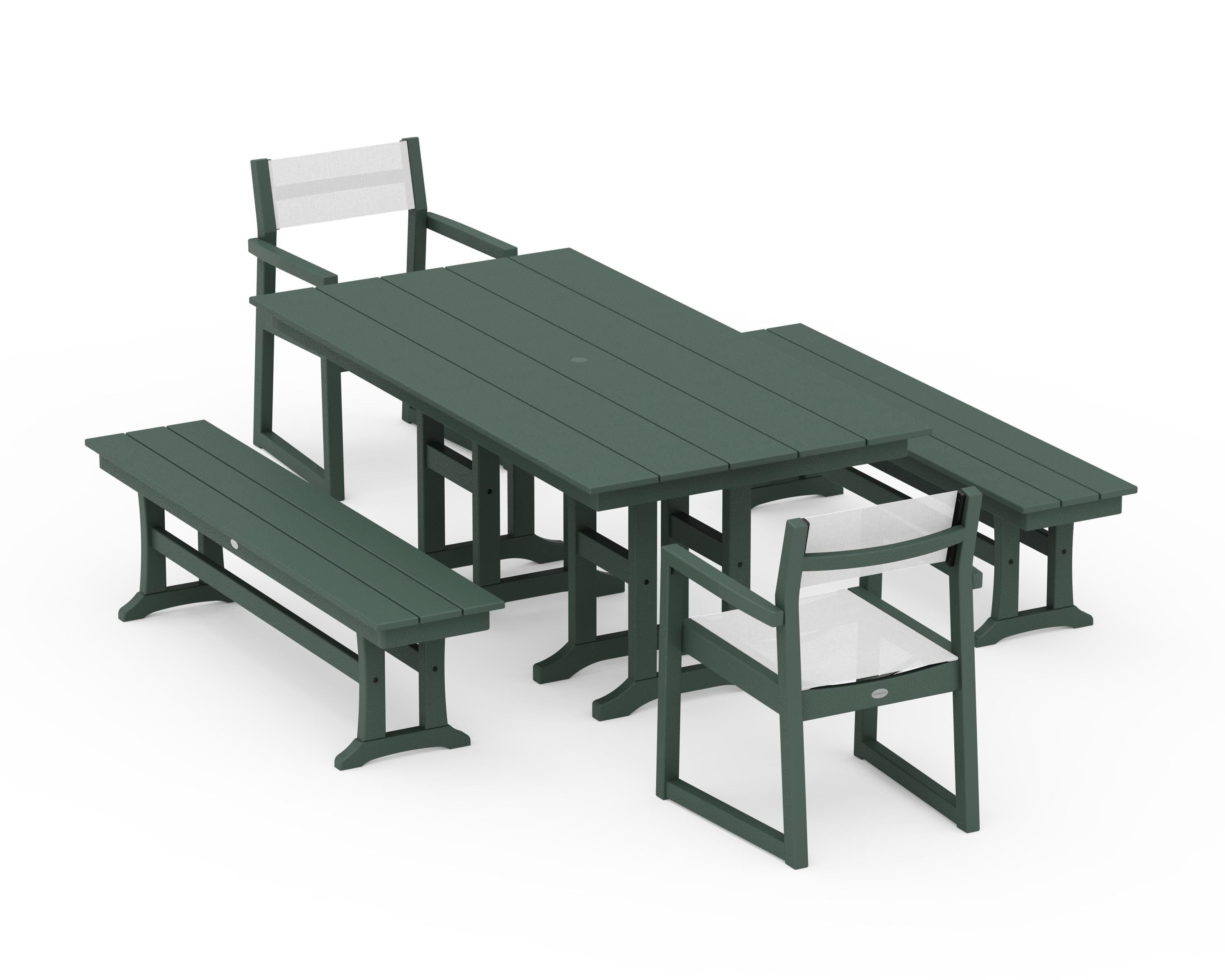 POLYWOOD® EDGE Sling Arm Chair 5-Piece Farmhouse Dining Set with Benches in Green / White Sling
