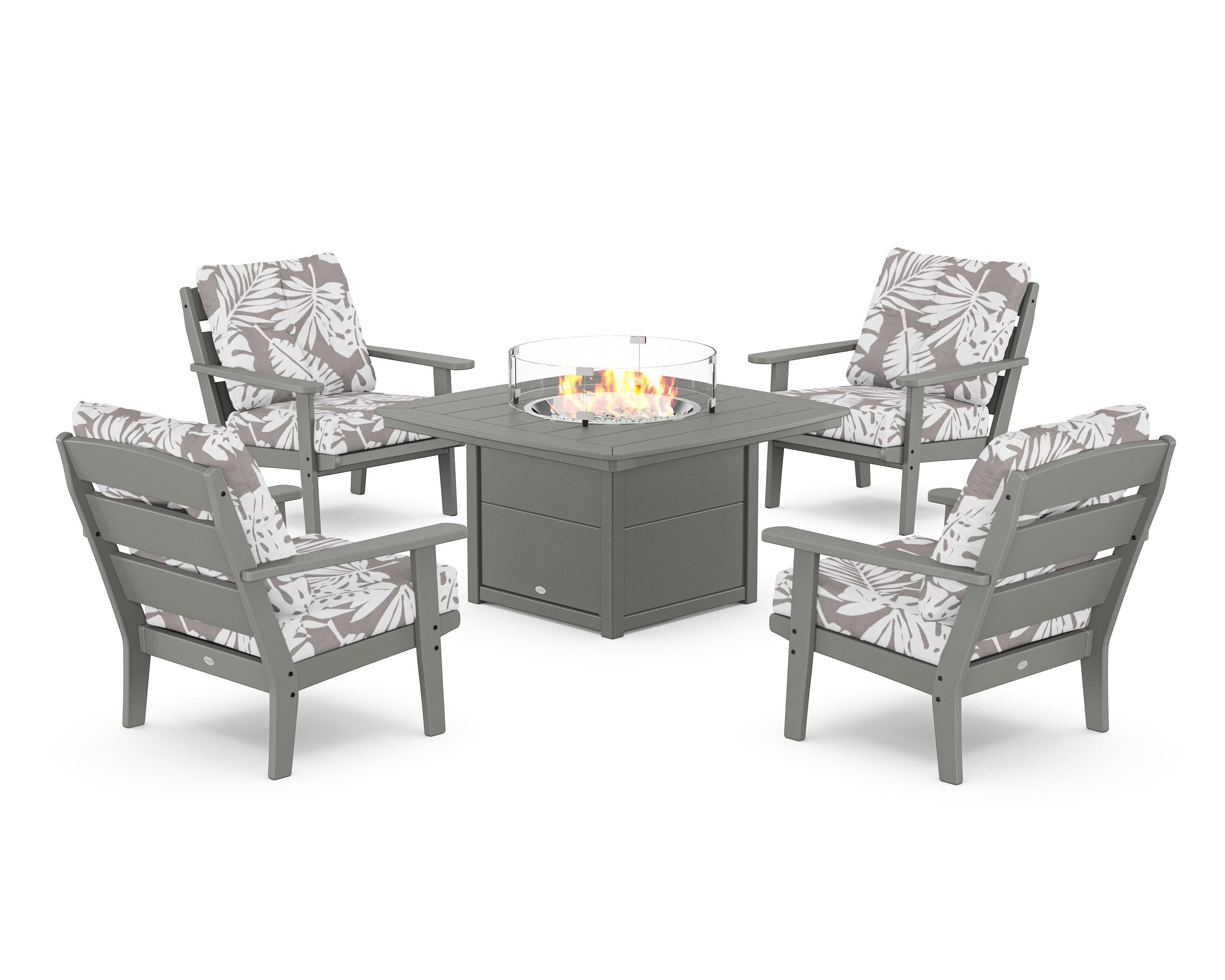 POLYWOOD® Lakeside 5-Piece Deep Seating Set with Nautical Fire Pit Table in Slate Grey / Leaf Grey Mist