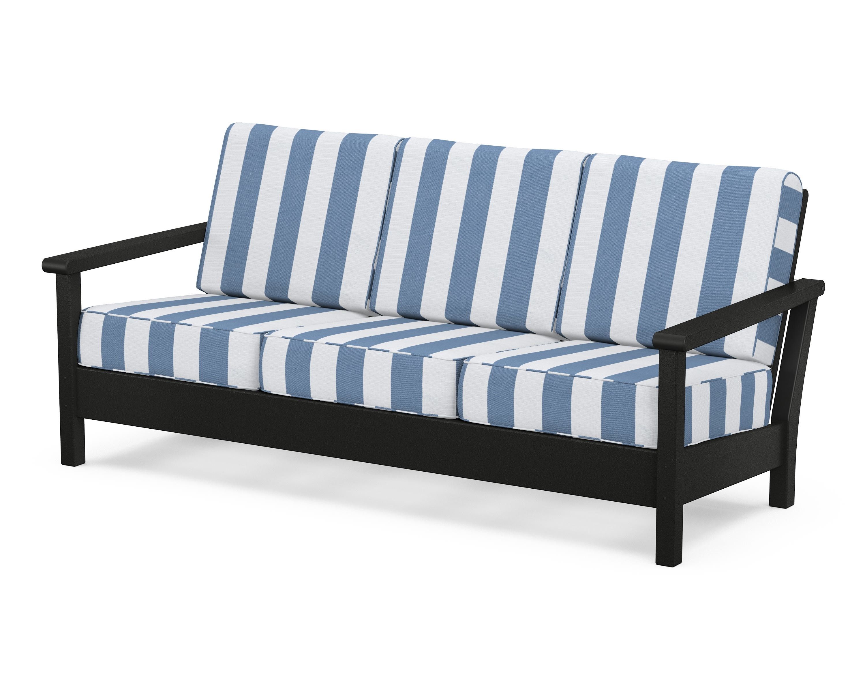 POLYWOOD® Harbour Deep Seating Sofa in Black / Cabana Stripe Sky Blue