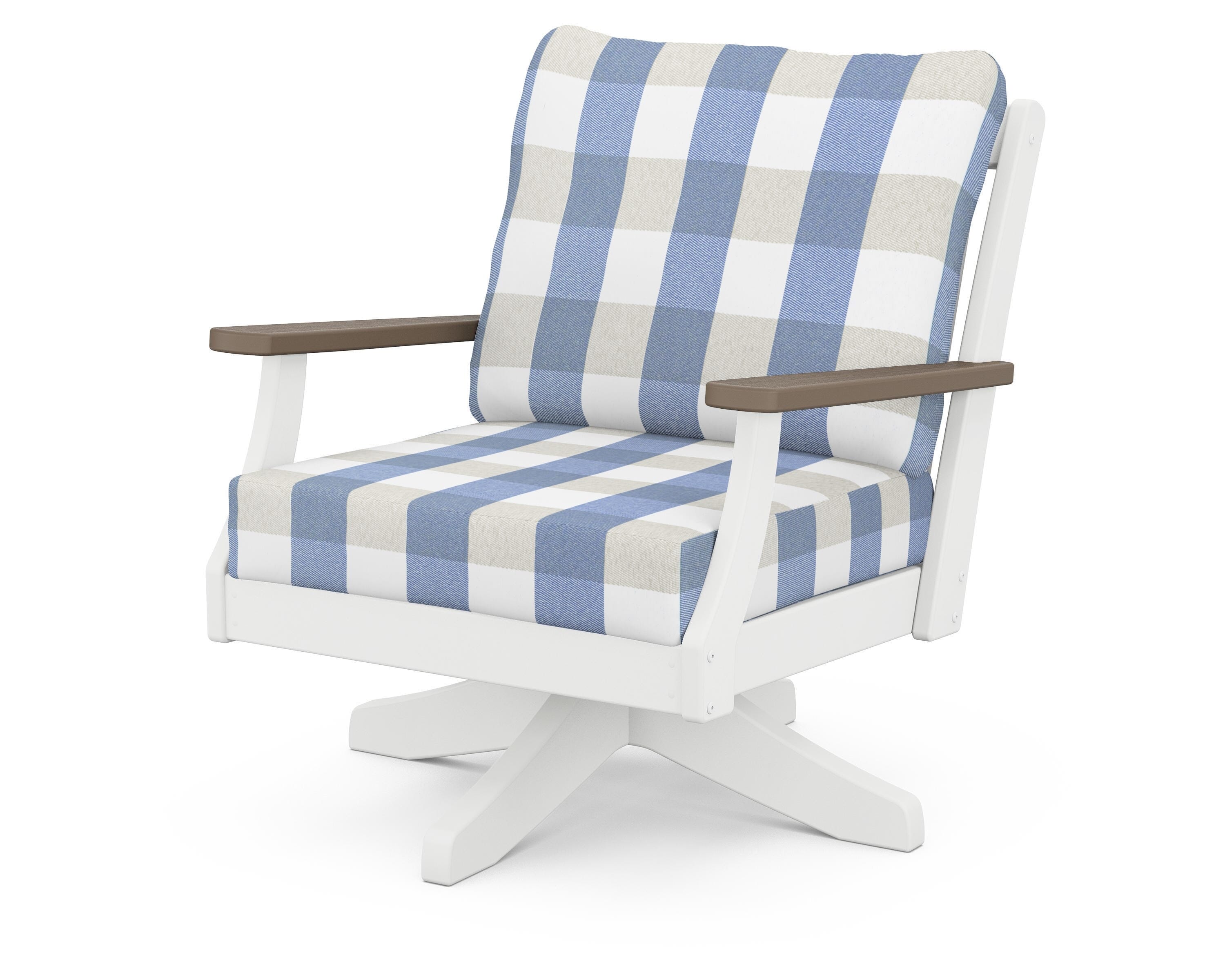 POLYWOOD® Braxton Deep Seating Swivel Chair in White / Kona / Buffalo Plaid Sky Blue
