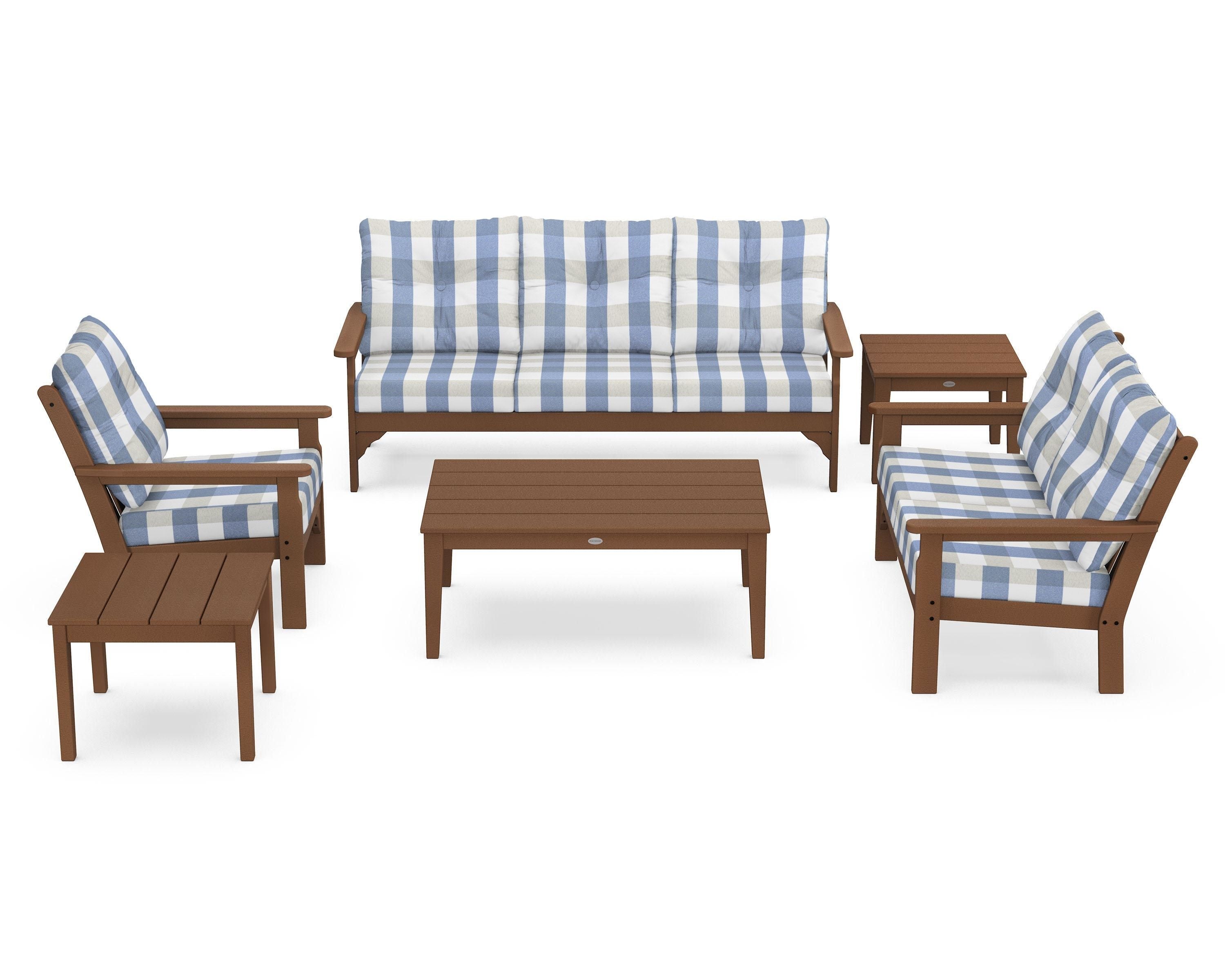 POLYWOOD® Vineyard 6-Piece Deep Seating Set in Teak / Buffalo Plaid Sky Blue