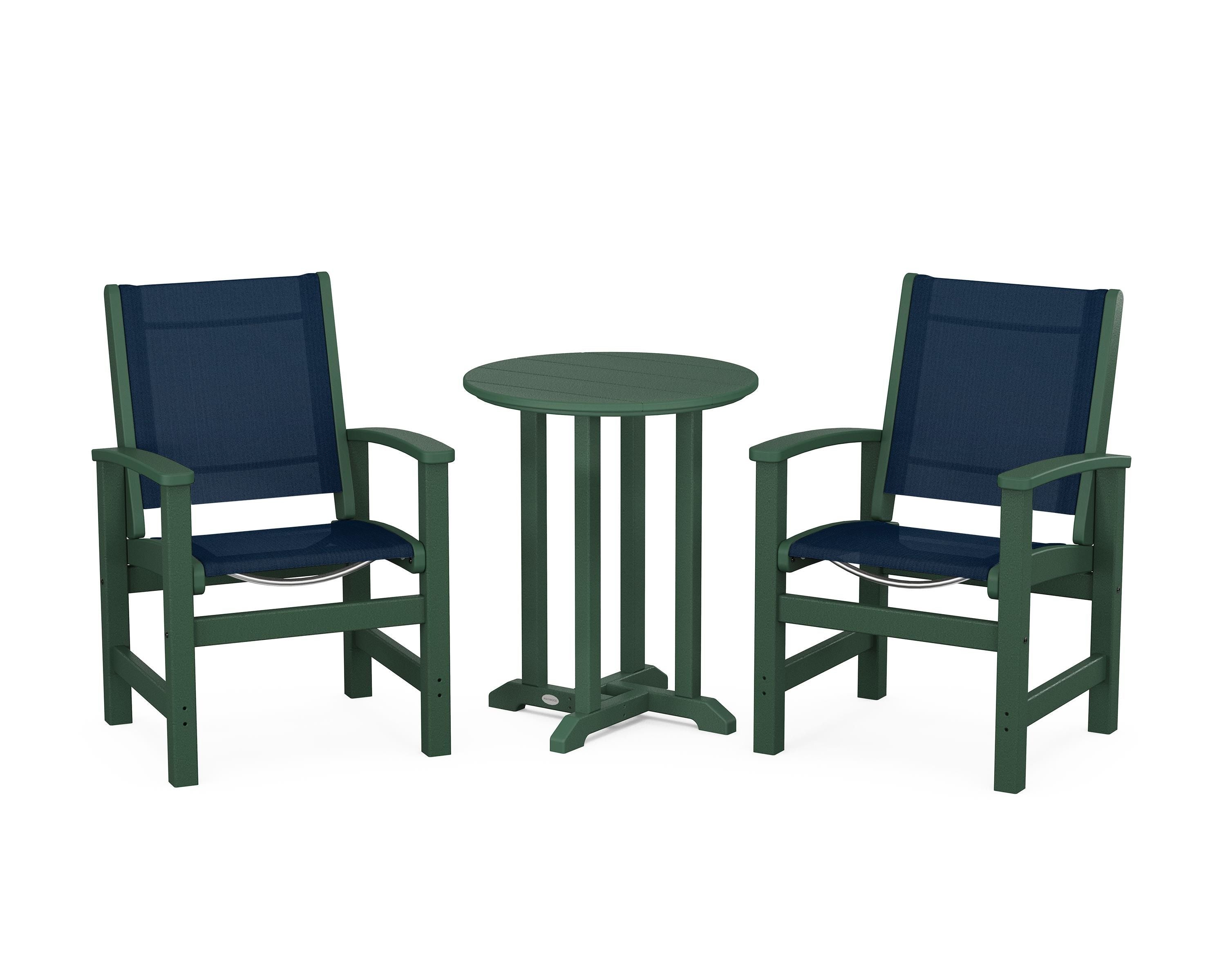 POLYWOOD® Coastal 3-Piece Round Bistro Dining Set in Green / Navy Blue Sling