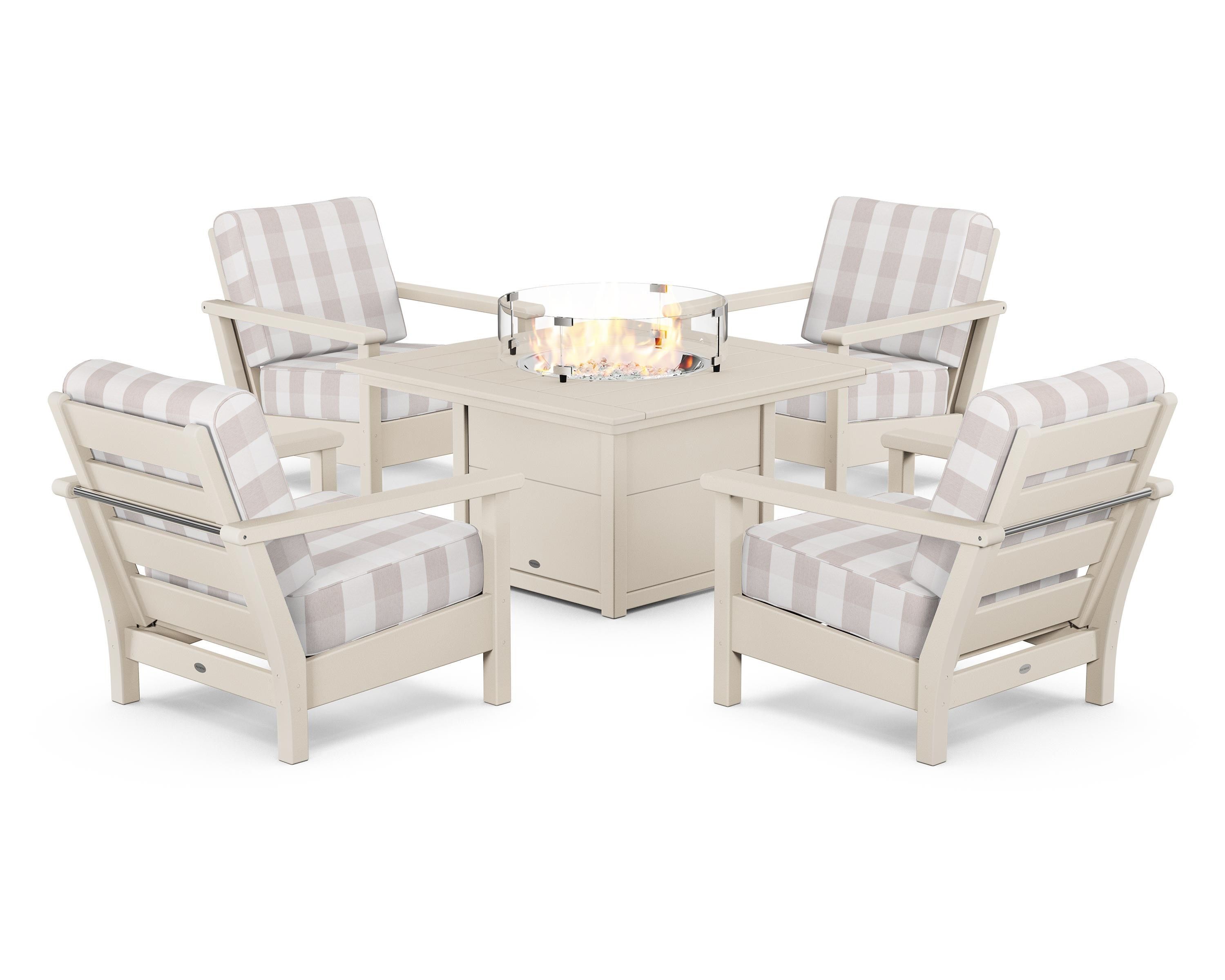 POLYWOOD® Harbour 5-Piece Conversation Set with Fire Pit Table in Sand / Buffalo Plaid Dune Burlap