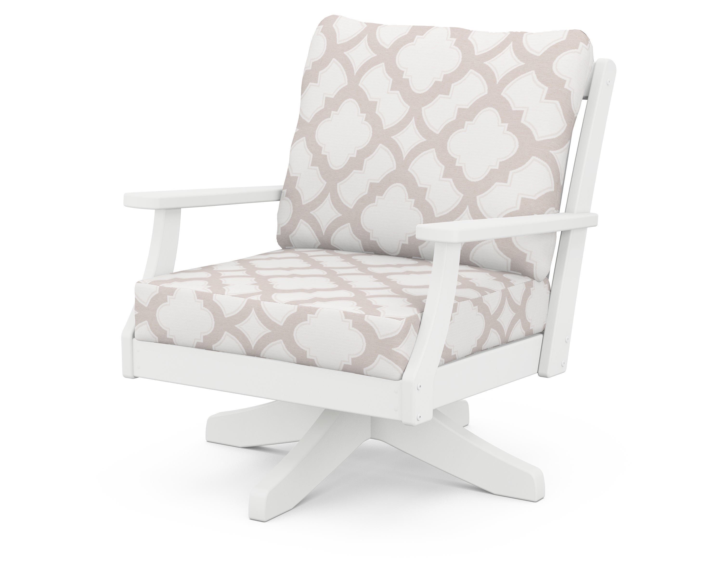 POLYWOOD® Braxton Deep Seating Swivel Chair in White / Trellis Dune Burlap