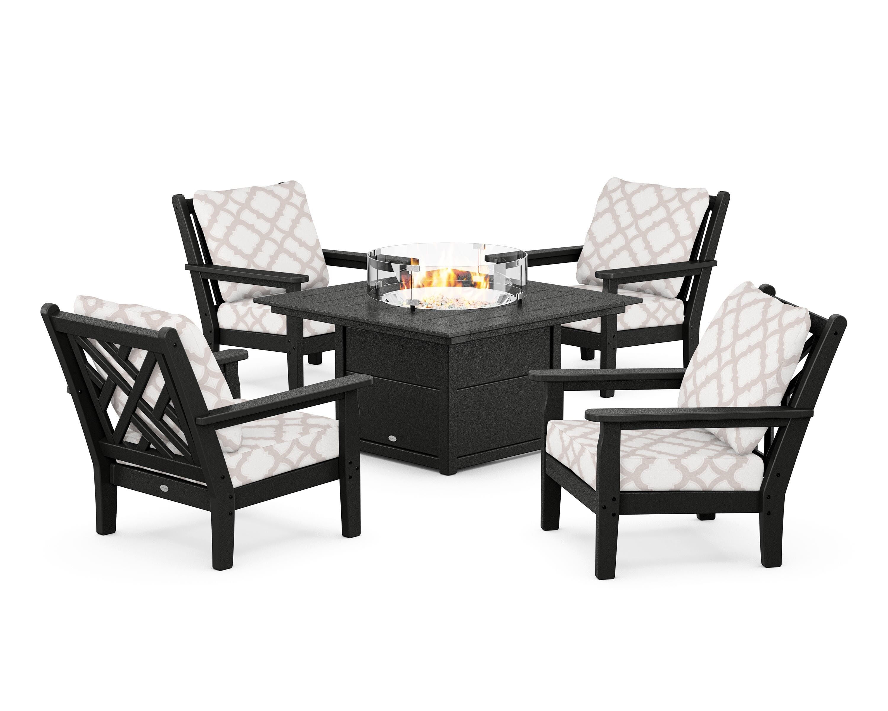 POLYWOOD® Chippendale 5-Piece Deep Seating Set with Fire Pit Table in Black / Trellis Dune Burlap