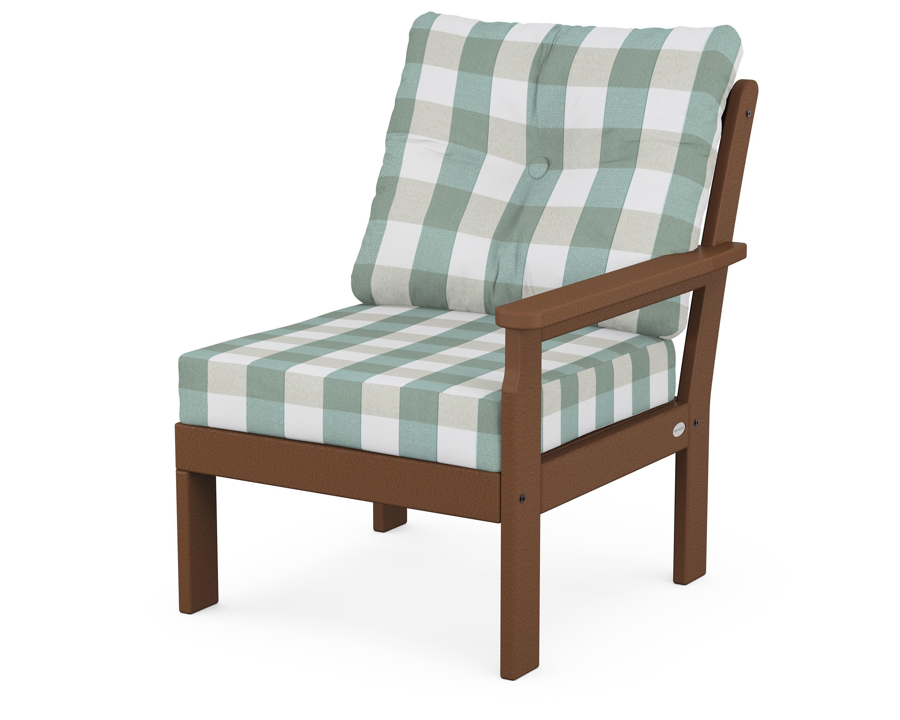 POLYWOOD® Vineyard Modular Right Arm Chair in Teak / Buffalo Plaid Glacier Spa