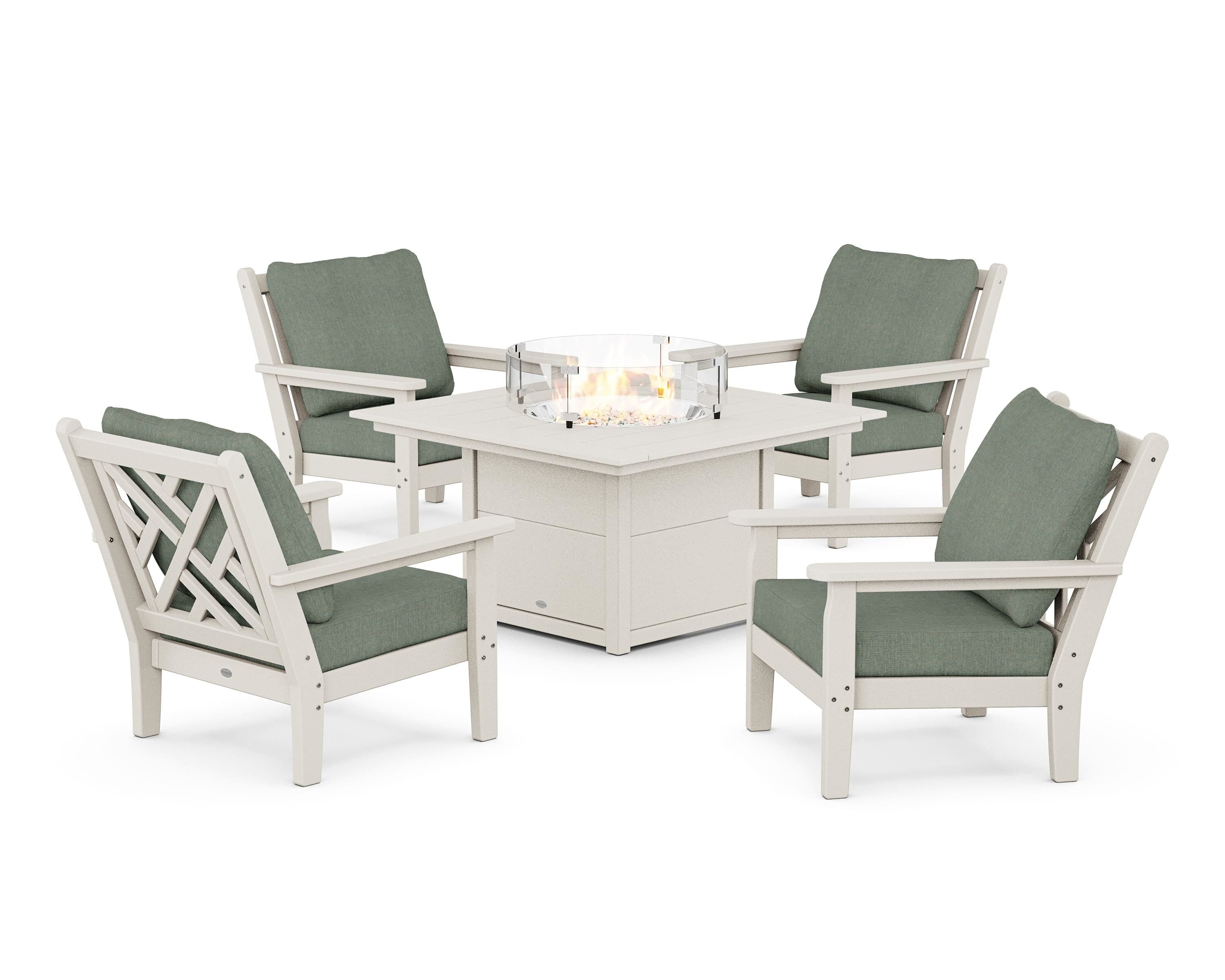 POLYWOOD® Chippendale 5-Piece Deep Seating Set with Fire Pit Table in Sand / Cast Sage