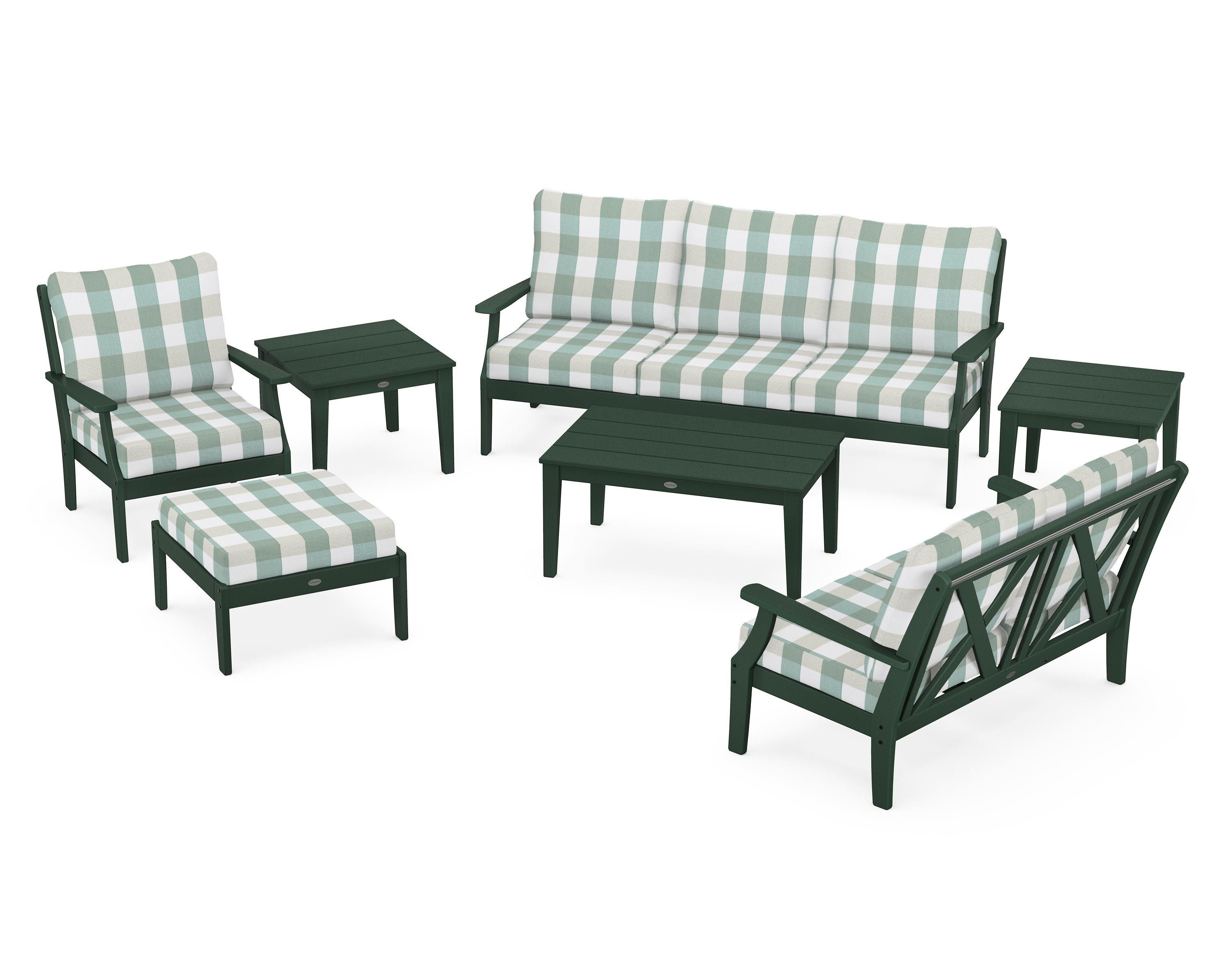POLYWOOD® Braxton 7-Piece Deep Seating Set in Green / Buffalo Plaid Glacier Spa