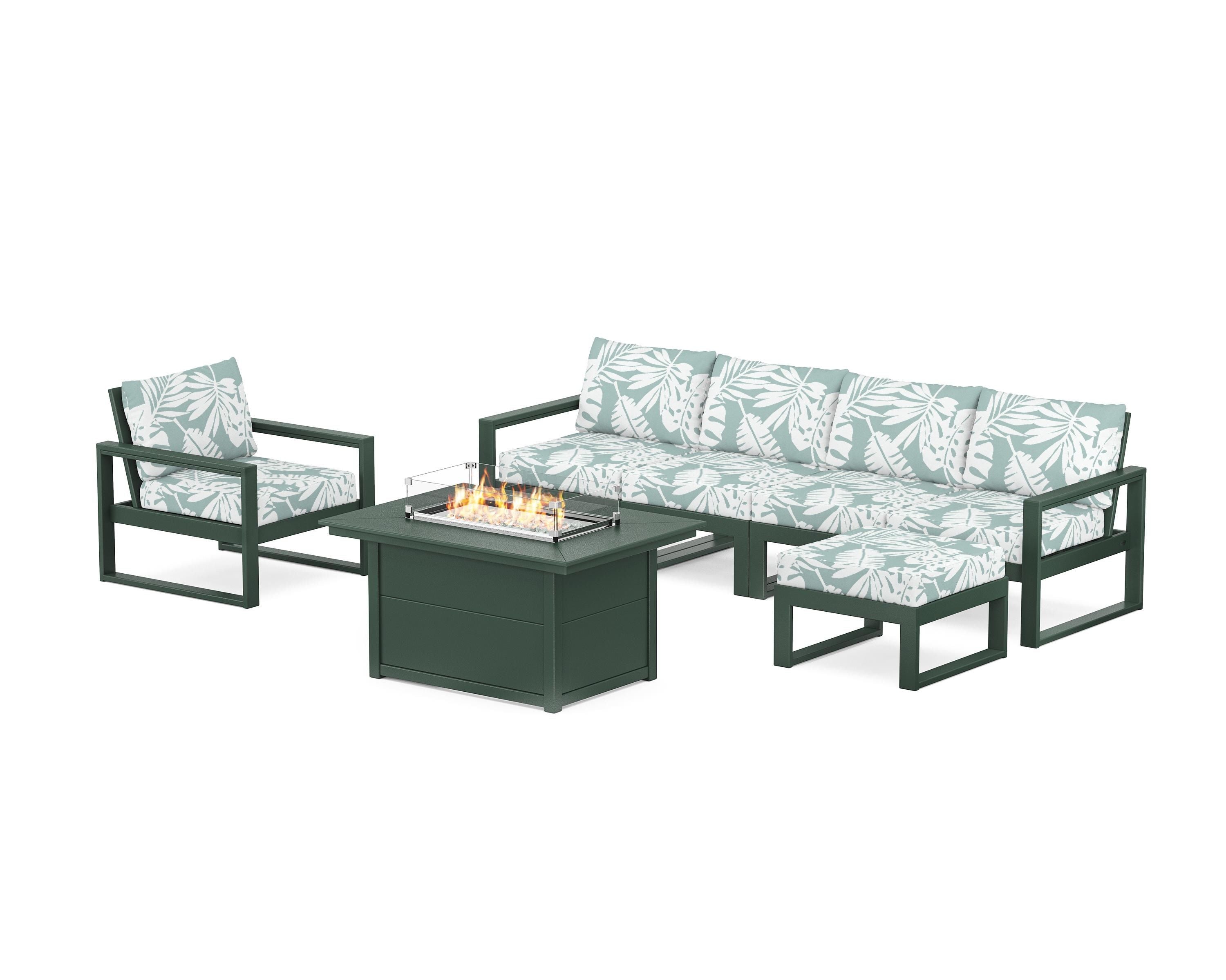 POLYWOOD® EDGE Sectional Lounge and Fire Pit Set in Green / Leaf Glacier Spa