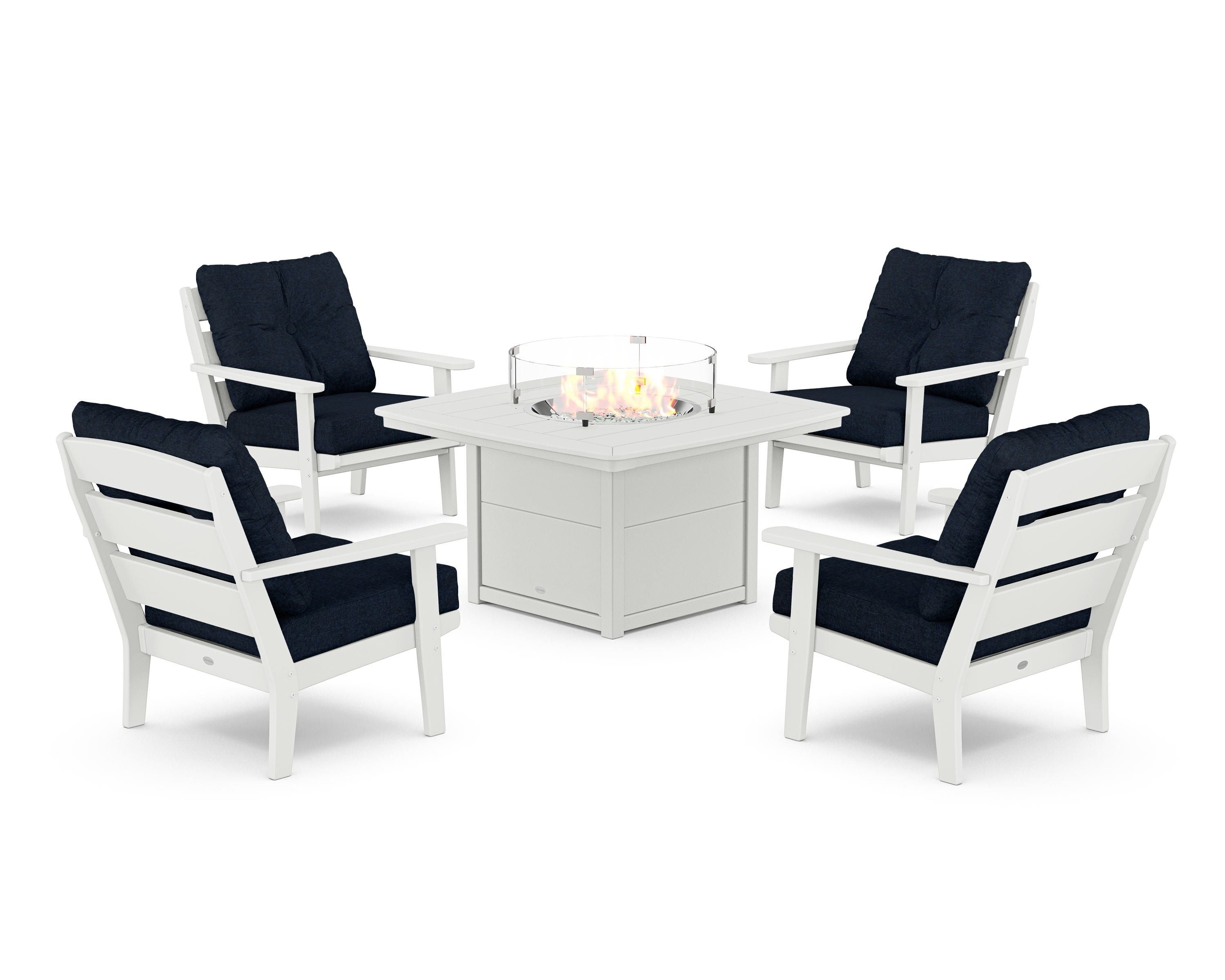 POLYWOOD® Lakeside 5-Piece Deep Seating Set with Nautical Fire Pit Table in White / Marine Indigo