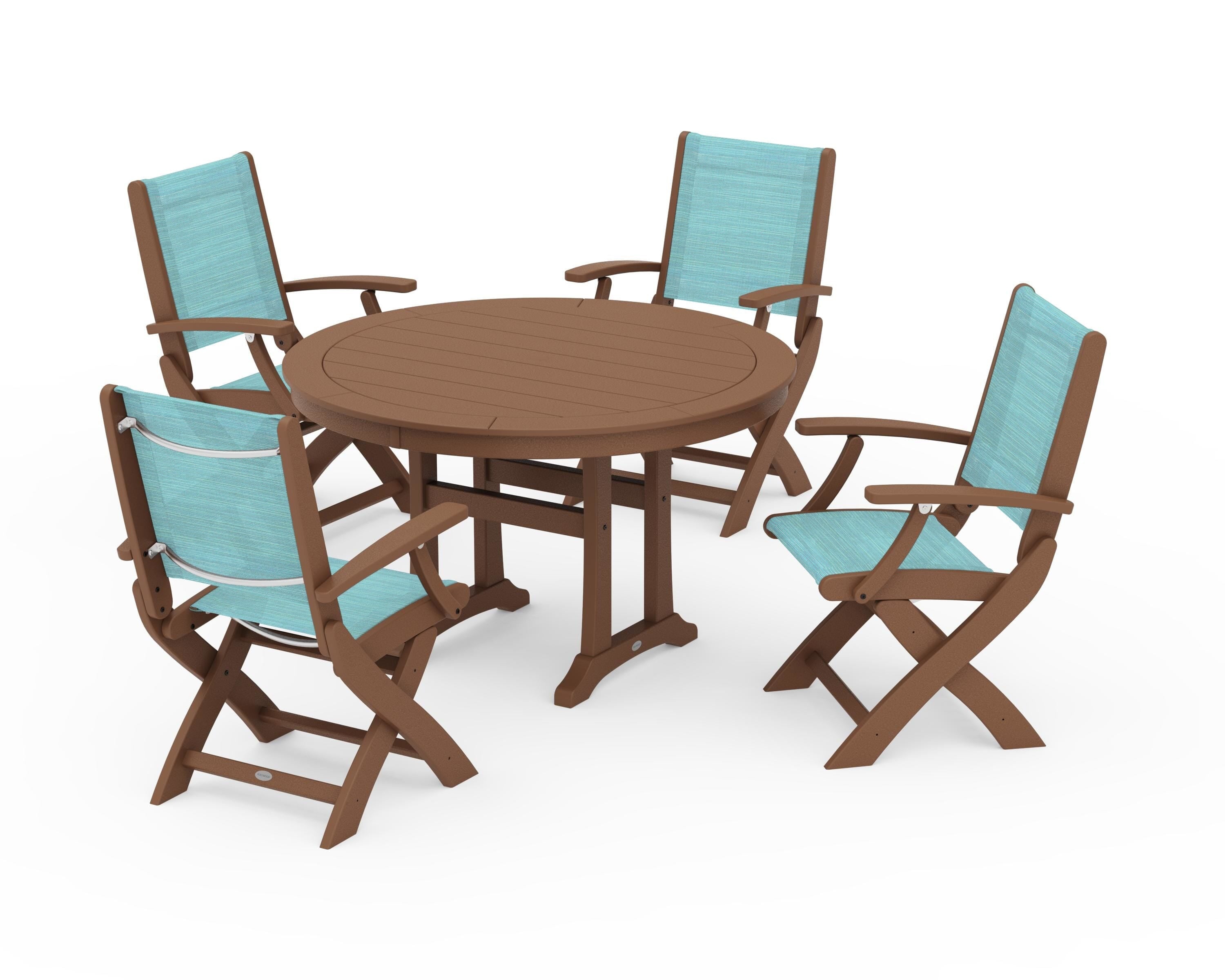 POLYWOOD® Coastal Folding Chair 5-Piece Round Dining Set with Trestle Legs in Teak / Dupioni Aquamarine Sling