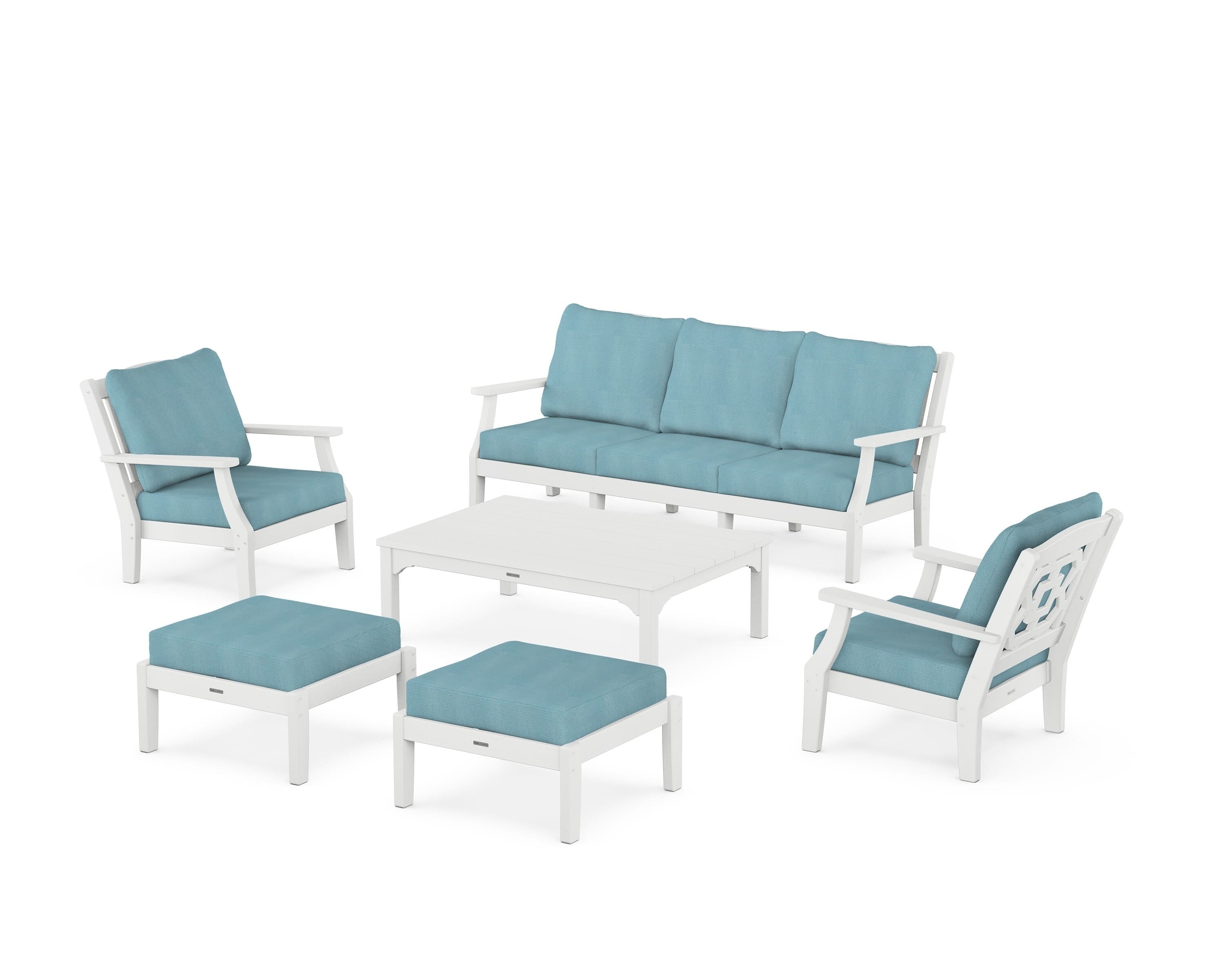 Martha Stewart by POLYWOOD® Chinoiserie 6-Piece Lounge Sofa Set in White / Lattice Sky Blue